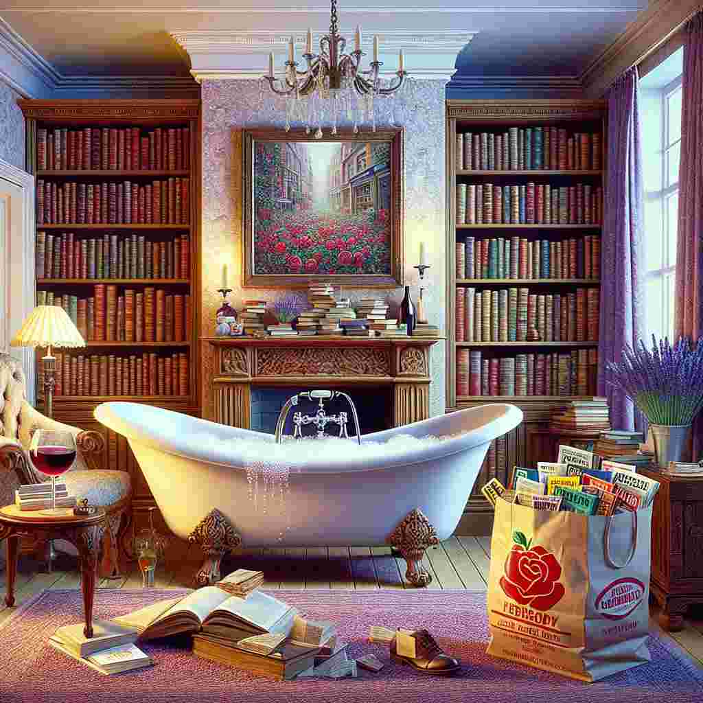 Picture a tranquil and inviting room perfumed with the soothing scent of lavender. The room is dominated by an ornately carved mahogany bed, its sheets painstakingly neat and undisturbed. Adjacent to it, a tall and imposing bookshelf groans under the multitude of varied books it houses, their colourful spines creating a patchwork of untold tales. A statement clawfoot bathtub stands in the room, bubbles overflowing from its brim; a glass of exquisite red wine perched precariously on its edge mirrors the subdued illumination of the overhead chandelier. An ordinary shopping bag, depicting a common grocery store, sits not far off, repurposed to hold a collection of playbills from a variety of cherished musicals. An intangible sense of family joviality permeates the room, engraving the sentiment of Mother's Day into every piece of this vivid tableau.
Generated with these themes: Baths, Books, Bed, Tesco, Wine, Musicals, and Family.
Made with ❤️ by AI.