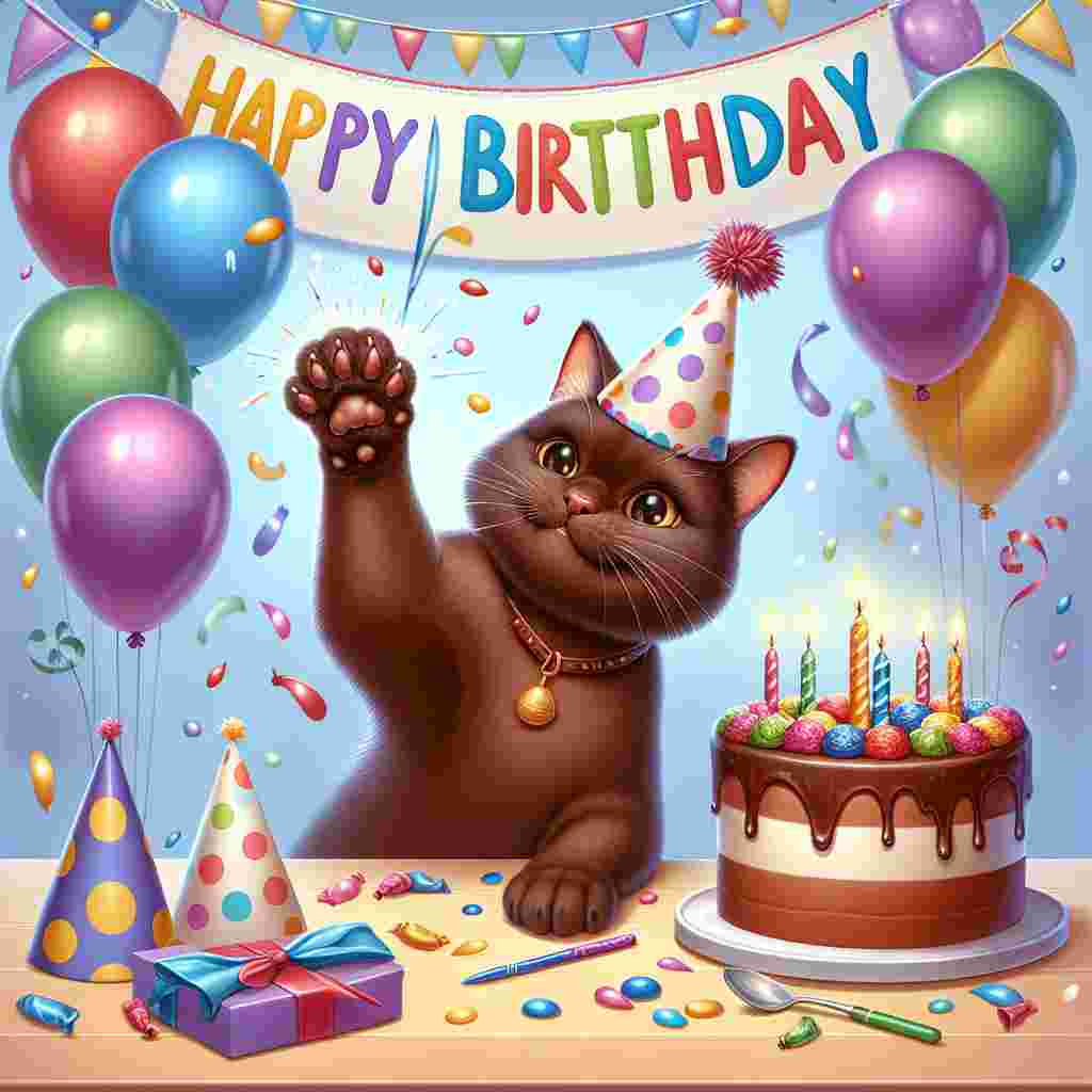 An animated Havana Brown cat swatting at floating balloons with a paw, the scene filled with cake, party hats, and a large 'Happy Birthday' message in colorful, child-like handwriting centered at the top.
Generated with these themes: Havana Brown Birthday Cards.
Made with ❤️ by AI.