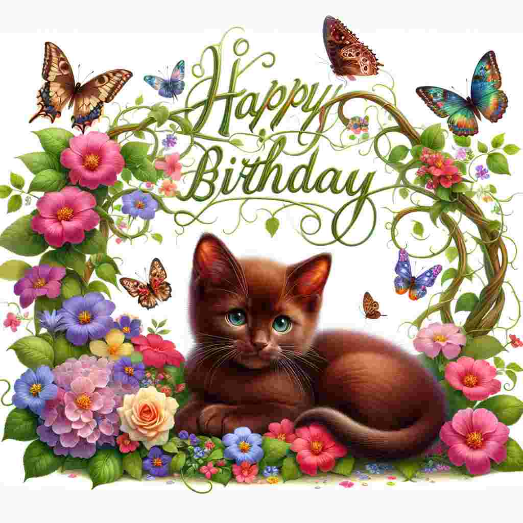 A cute Havana Brown kitten nestled in a bed of flowers with butterflies flittering around. Above it, the 'Happy Birthday' greeting is entwined with vines and blooms, creating a harmonious and whimsical birthday card design.
Generated with these themes: Havana Brown Birthday Cards.
Made with ❤️ by AI.
