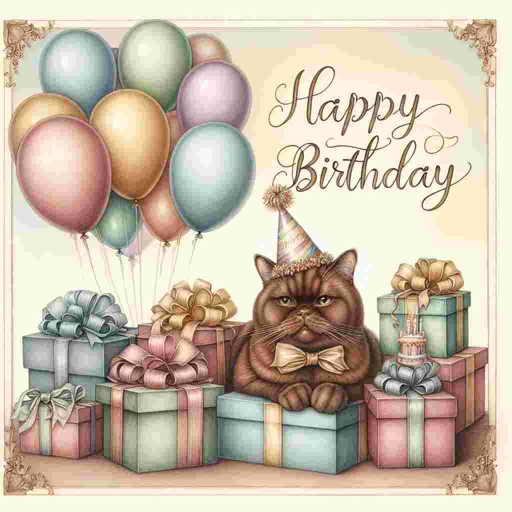 A serene scene with a Havana Brown cat wearing a party hat, sitting atop a pile of presents. Softly shaded balloons rise in the background, and 'Happy Birthday' is scripted elegantly across the top in cursive.
Generated with these themes: Havana Brown Birthday Cards.
Made with ❤️ by AI.
