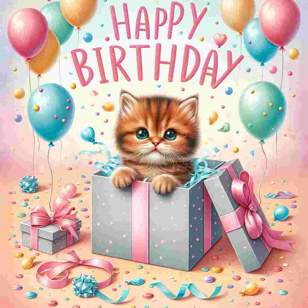 A birthday card featuring a playful Havana Brown kitten popping out of a gift box, surrounded by balloons and confetti. The background is a wash of pastel colors, and the words 'Happy Birthday' float above in a fun, bubbly font.
Generated with these themes: Havana Brown Birthday Cards.
Made with ❤️ by AI.
