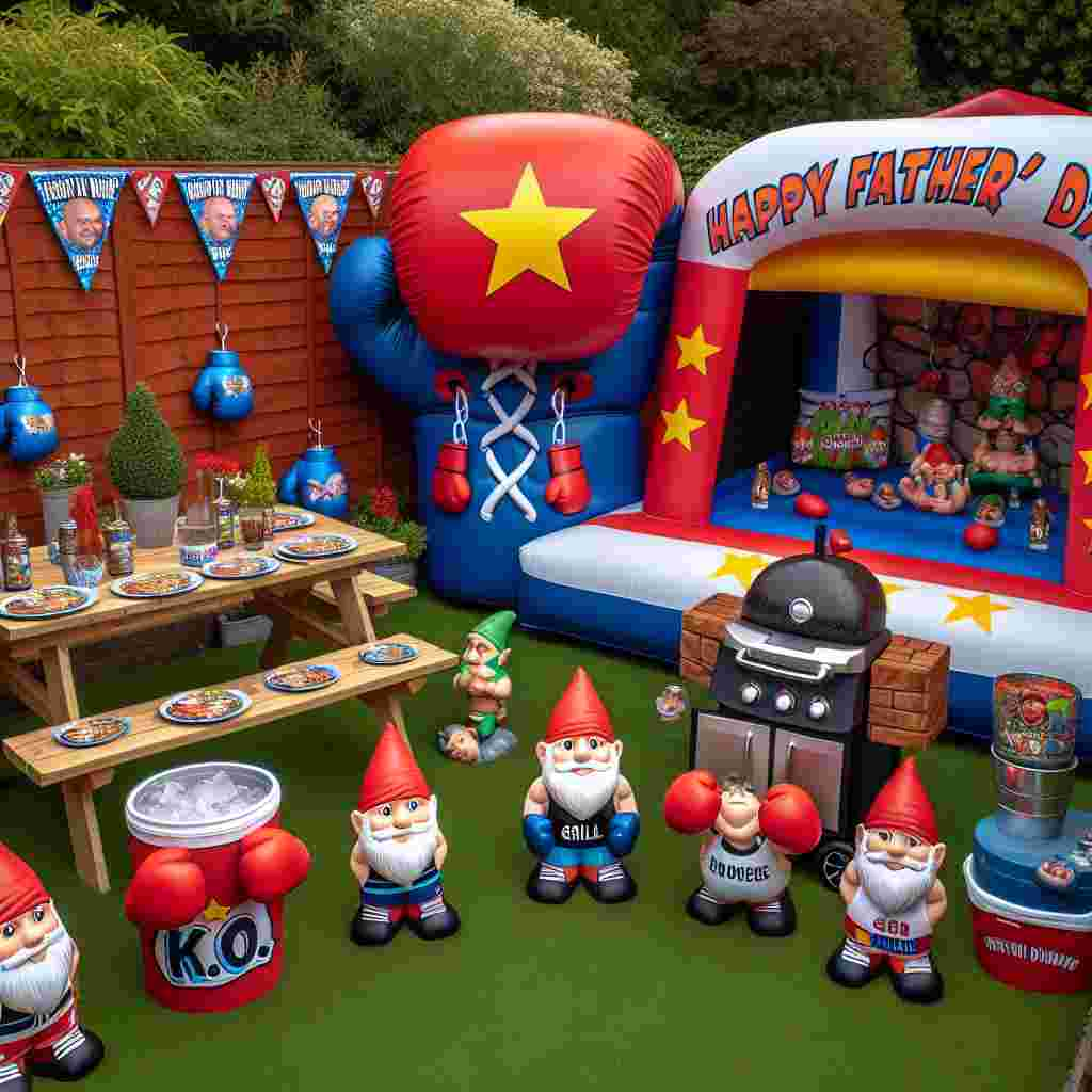 A cartoon-themed garden filled with Father's Day celebration elements. There is a punching bag with a cheerful 'Happy Father's Day' banner positioned on a patch of freshly trimmed green grass. Encircling the bag, there are a few garden gnomes possessing vibrant, miniature boxing gloves, seemingly anticipating their sparring session. To the left, a picnic table made of wood has plates and cups that feature artwork of boxing rings and gloves. An oversized inflatable bounce house forming a gigantic boxing glove's shape is at the rear end, its entry mirrors the glove's mouth. A barbecue grill wrapped in a humorous apron reading 'Grill King' with two crimson gloves depicted as coat of arms, positioned beside a cooler filled to the brim with ice and some beverage cans designed like punching bags. Banners comprising cut-outs of gloves, stars, and the letters 'K.O.' hung above, adjacent to a comic rendition of a sun donning sunglasses and a referee's whistle.
Generated with these themes: boxing.
Made with ❤️ by AI.