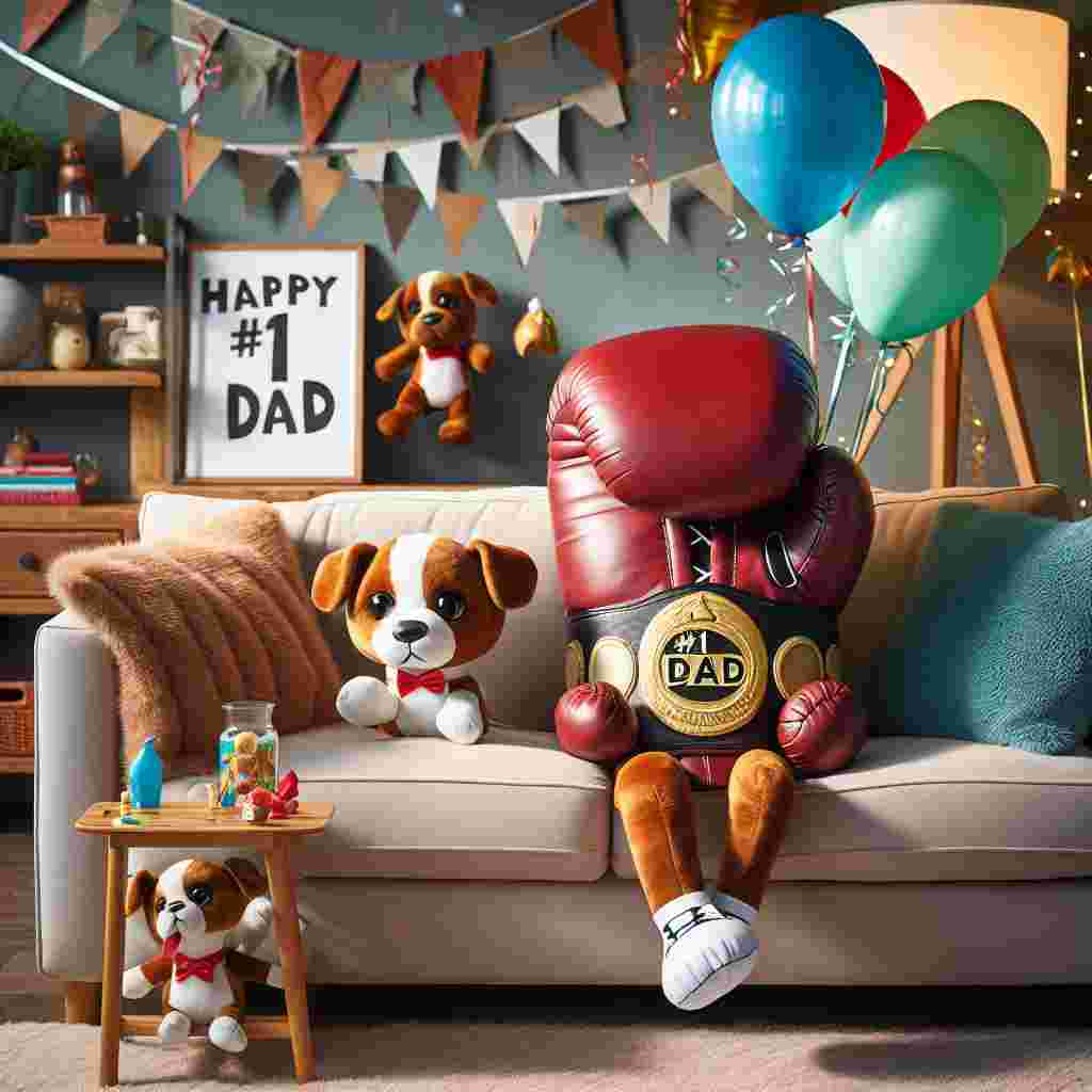 A comfortable living room decorated for Father's Day, with a festive atmosphere. The main attraction is an enormous red leather boxing glove, sitting on a fluffy couch, its enormous size causing it to sink into the soft cushions. Next to the glove is a small, playful, cartoon-like dog with brown patches. The dog, wearing small boxing gloves on his front paws, is playfully swiping at a hanging plush toy that resembles a championship belt, inscribed with '#1 DAD' in bold, golden letters. In the upper right corner of the scene, balloons in shades of blue and green are floating, tied with thin, curly ribbons to the couch's armrest. A wooden coffee table in front of the couch holds a picture frame with a child's drawing of a stick figure family and 'Happy Father's Day' written in a child's handwriting. The room's walls are adorned with streamers and homemade banners, and a pile of brightly wrapped presents are placed next to the table, one iswrapped in a shape hinting it could be a pair of boxing gloves.
Generated with these themes: boxing.
Made with ❤️ by AI.