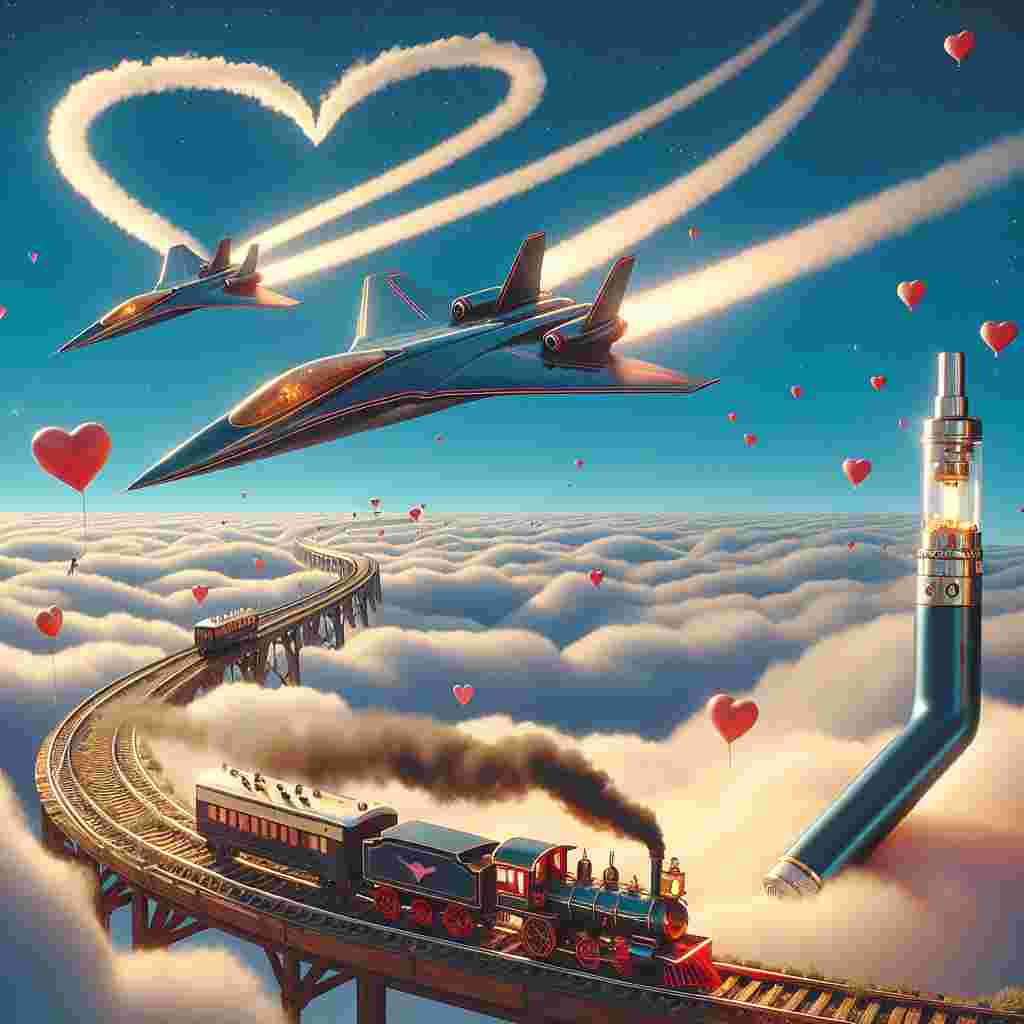 Create an image showcasing a tender Valentine's Day setting that combines both the feeling of deep affection and nostalgia. In the expansive azure sky, a pair of futuristic jet planes, similar but not identical to those ones from action-packed flight drama movies, fly in a harmonized fashion, leaving behind a smoky trail that forms a heart shape. Below this spectacle, a quaint little locomotive embellished with valentine's paraphernalia, snakes along a winding track that metaphorically bridges the distance between two lovers. A stylized electronic smoking device rests casually to the side, releasing a thick vapor that whimsically transforms into miniature hearts. These hearts ascend and amalgamate with the jovial ambiance of the scenario.
Generated with these themes: Top gun , Planes, Trains, and Vape.
Made with ❤️ by AI.