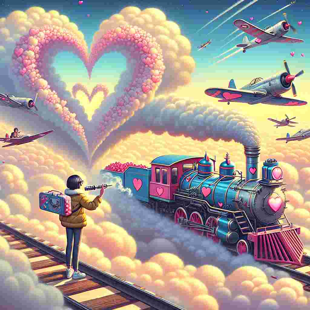 A delightful depiction for Valentine's Day with a dreamy sky filled with cotton-soft clouds. In them, a duo of retro-style fighter planes carve out a trail in the shape of a heart, representing camaraderie and thrill. On an adjacent set of train tracks, a vibrant locomotive decorated with hearts is seen, its smoke stack releasing steam that whimsically transforms into silhouettes of pairs showing affection. In the immediate view, a character of neutral gender and unspecified descent is shown holding out a heart-shaped vaping device, as it lets out a subtle vapor adding a contemporary twist to this merry tableau.
Generated with these themes: Top gun , Planes, Trains, and Vape.
Made with ❤️ by AI.