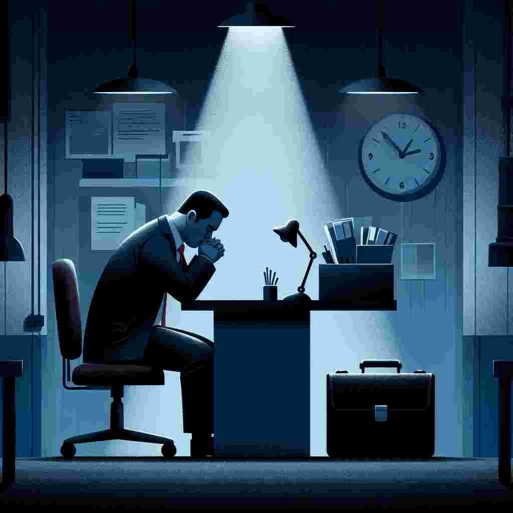 Illustrate a gloomy scene featuring a disheartened Hispanic man sitting alone at a dimly lit office desk, his face concealed in shadow and pointed downwards, indicating unhappiness. The surroundings, characterized by the blues and grays of the walls and various office equipment, reinforce the aura of discontent. Above him, a clock is steadily ticking away, nearing the conclusion of the workday, signifying his anticipated exit. Positioned beneath the desk, a packed briefcase serves as a strong symbol, emphasizing his preparedness to abandon this unfulfilling job. The overall scene symbolically represents a farewell to someone embarking on a distinct path, away from an unsatisfying career.
Generated with these themes: Hates His Job, Moody, and Unhappy.
Made with ❤️ by AI.