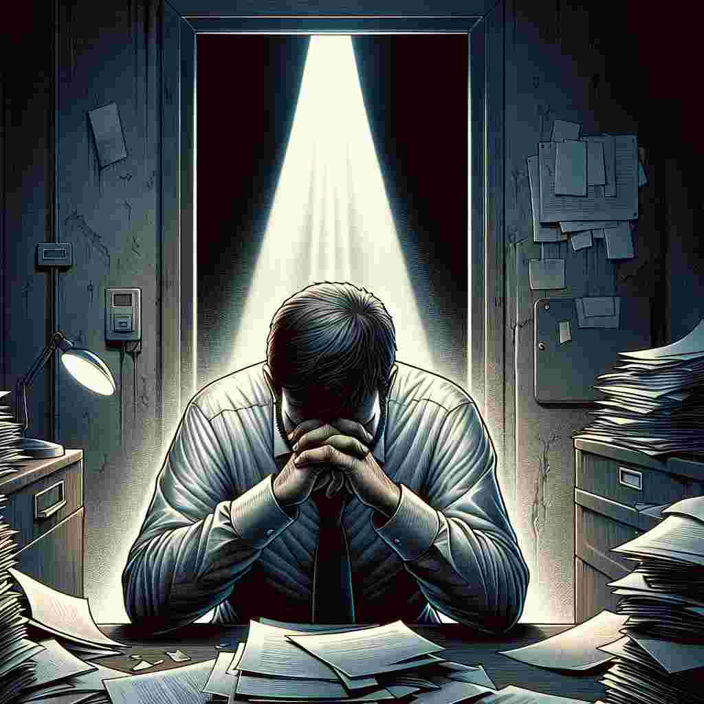 Create a detailed illustration of a Middle-Eastern man slouched at a gloomy desk in a room with weak fluorescent lighting. The desk is surrounded by papers chaotically strewn about. The man's face is hidden in his hands showing signs of deep-seated frustration and unhappiness with his work. His furrowed brows add intensity to his grim expressions. In the background is an open door that casts a beam of light cutting through the darkness in the room. This light symbolizes the opportunity of an exit from the drudgery. As the man wishes for better prospects, the scene captures the essence of a person contemplating a life-changing decision.
Generated with these themes: Hates His Job, Moody, and Unhappy.
Made with ❤️ by AI.