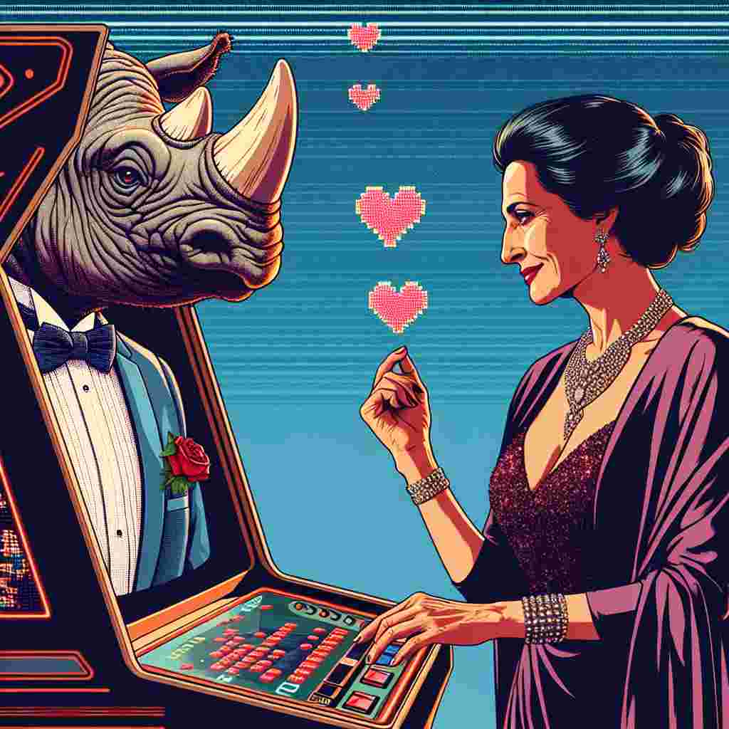 Illustrate a comedic twist on the theme of Valentine's Day. Picture a mature woman, of South Asian descent, draped in stylish evening attire standing next to a rhino suavely dressed in formal wear. They are both at an old-school arcade. She engages in a teasing competition on a vintage-style computer game, with the screen glistening with pixelated heart animations. The dynamic interaction between their competitive nature and the romantic undertones creates a remarkable contrast, blending sultry allure with unexpected humor.
Generated with these themes: Cougar , Rhino, Computer game, and Sexy.
Made with ❤️ by AI.