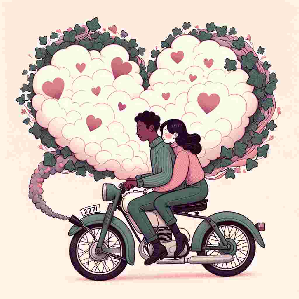 A whimsical Valentine's Day illustration showcases a mixed-race couple on an antiquated motorbike, breezing through a wistful heart-shaped cloud. The exhaust of the bike humorously emits small hearts that blend with the cloud, while the riders share an affectionate glance, signifying their deep bond. Delicate motifs of ivy leaves adorn the corners of the image, and the color scheme of soft greens, pinks, and purples cultivates a dreamy, romantic ambience.
Generated with these themes: Cannabis, Motorbike, and Drugs.
Made with ❤️ by AI.