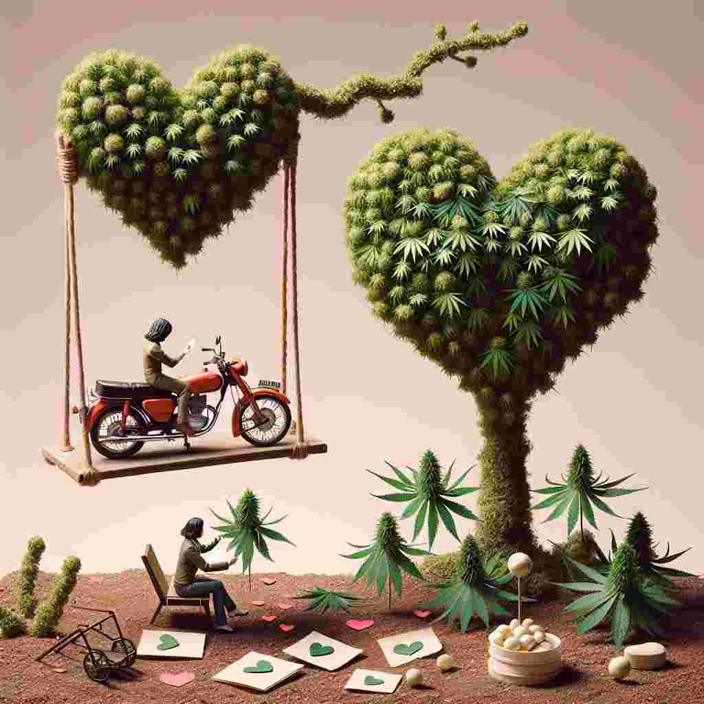 In this beautiful, contrasting Valentine's Day rendition, an old-fashioned motorbike is stationed beneath a tree characterized by heart-shaped foliage. Dangling from the tree is a swing constructed from hemp stems. One individual, seated on the swing, is passing a handcrafted Valentine, created from off-white, rectangular papers with a recognizable greenish herbaceous plant imprint, to another person standing nearby. The earthy environment below is strewn with flower petals and small, round objects, subtly implying an unconventional theme juxtaposed within an otherwise serene setting, suggesting the potency of love to bridge disparate realms.
Generated with these themes: Cannabis, Motorbike, and Drugs.
Made with ❤️ by AI.