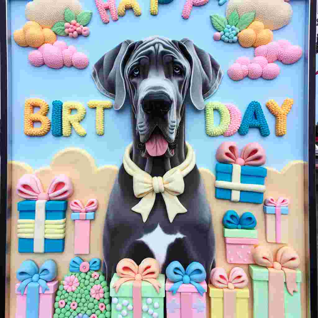 The scene features a delightful Great Dane with a bow around its neck, front and center amidst a background of pastel-colored birthday gifts. Overhead, the sky is transformed into a canvas with clouds that form the words 'Happy Birthday', reflecting the joyous mood of the illustration.
Generated with these themes: Great Dane  .
Made with ❤️ by AI.
