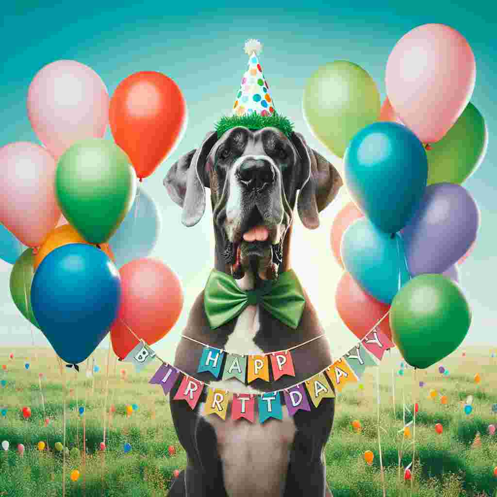 A whimsical birthday scene unfolds on a soft green meadow with a giant, friendly Great Dane wearing a party hat, surrounded by colorful balloons. The dog's collar is adorned with a tiny banner that reads 'Happy Birthday', matching the bright text that floats in the sunny sky above.
Generated with these themes: Great Dane  .
Made with ❤️ by AI.
