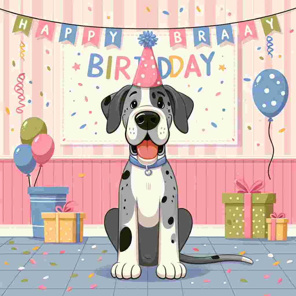 In this charming illustration, a cute Great Dane sits in the center of a festive room, a party hat on its head and a big, gentle smile on its face. Streamers and confetti decorate the space, and a banner with the text 'Happy Birthday' stretches across the wall behind the dog, adding to the celebratory atmosphere.
Generated with these themes: Great Dane  .
Made with ❤️ by AI.