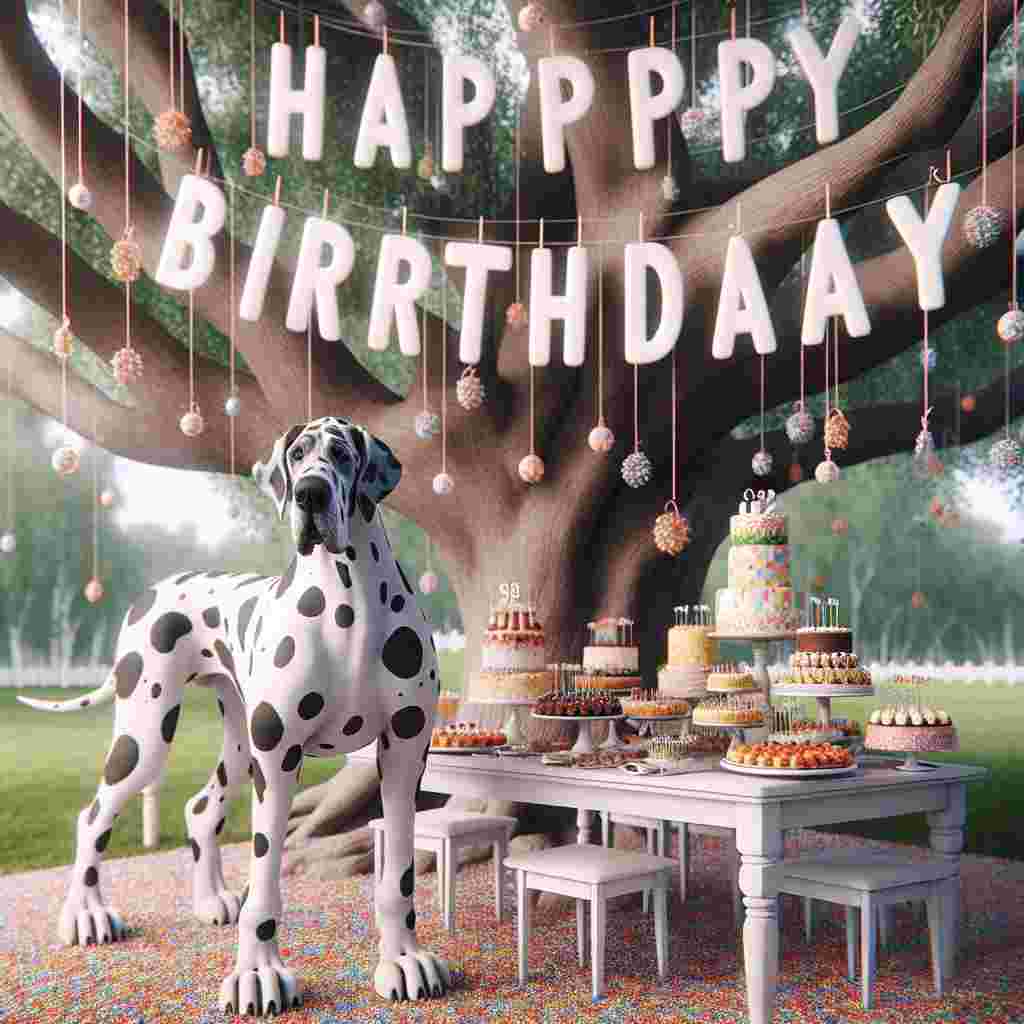 This endearing birthday scenario showcases a cartoonish Great Dane with spots like confetti, happily wagging its tail at a birthday table laden with treats. Overhead, playful letters spelling out 'Happy Birthday' dangle from the branches of a tree, integrating seamlessly into the natural, party-like setting.
Generated with these themes: Great Dane  .
Made with ❤️ by AI.