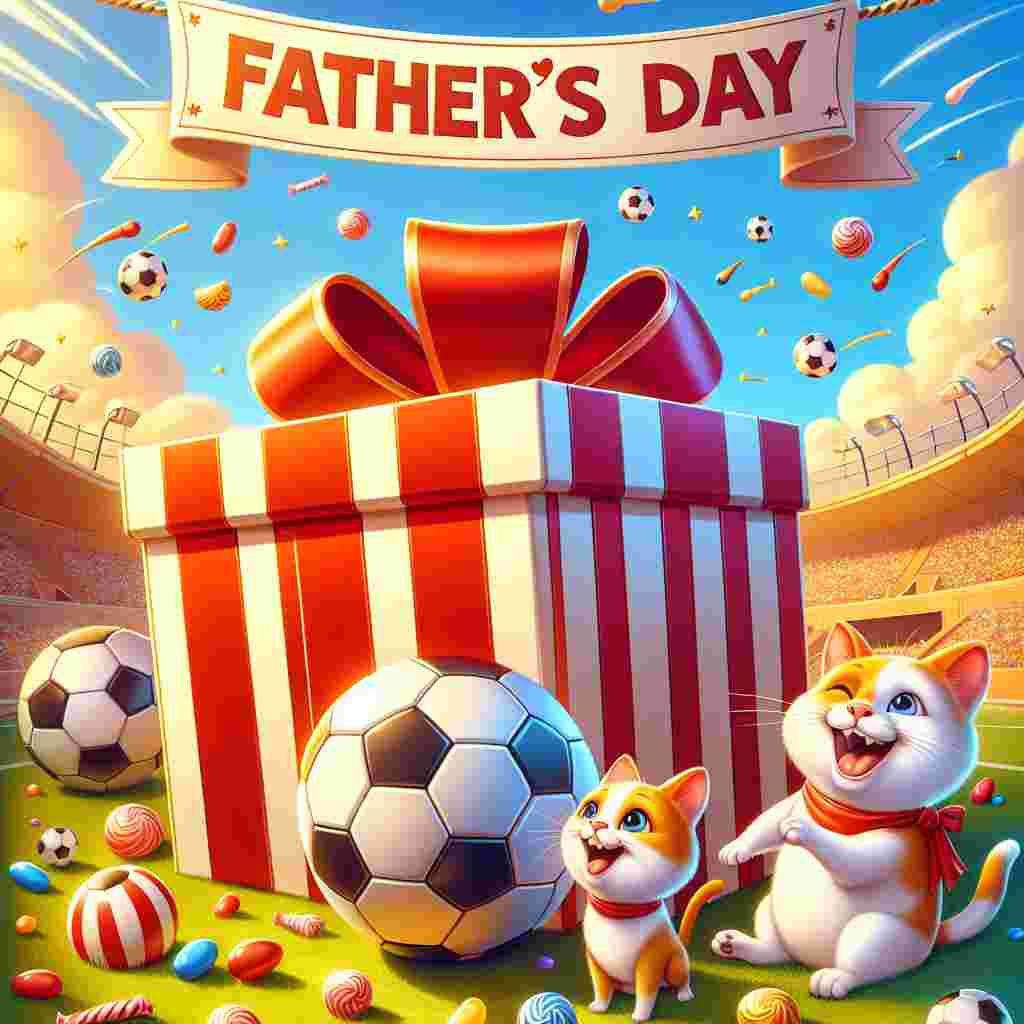 The given design features a warm sunny backdrop with a Father's Day banner floating high in the clear blue sky. At the visual center of the scene is a large, vibrantly colored red and white striped gift box. The box, due to copyright restrictions, cannot carry the emblem of a specific sports team, but gets a generic football emblem, still representing a father's passion for soccer. Soccer balls and jelly beans are whimsically scattered around the scene, adding a playful and festive atmosphere. In the foreground, a pair white and ginger cats, full of playfulness and mischief, frolic with a miniature soccer ball. Their mischievous behavior adds an enjoyable touch of whimsy to the overall Father's Day celebration scenario.
Generated with these themes: Manchester united, football, jelly beans, white and ginger cats, and Soccer, red, .
Made with ❤️ by AI.