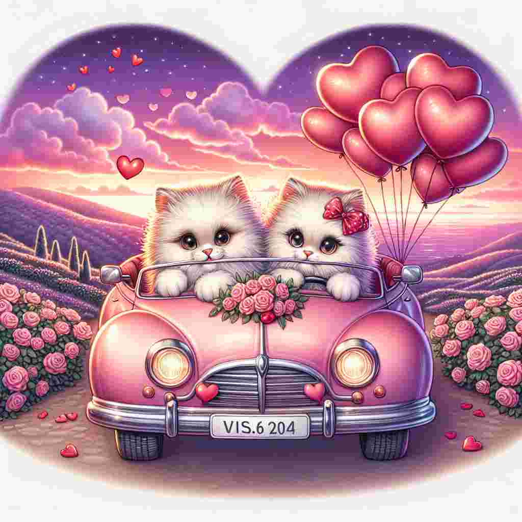 A Valentine's Day themed illustration that shows a delightful scene of two fluffy cats, representing a couple, nestled together inside a pastel pink convertible car. The vehicle is embellished with red and white heart-shaped balloons tied to the rear bumper. This car is parked amidst a breathtaking environment of rolling hills speckled with rose bushes. The enchanting glow of the evening sky is filled with an array of colors such as purple and pink translating into a romantic sunset.
Generated with these themes: Cats, and Cars.
Made with ❤️ by AI.