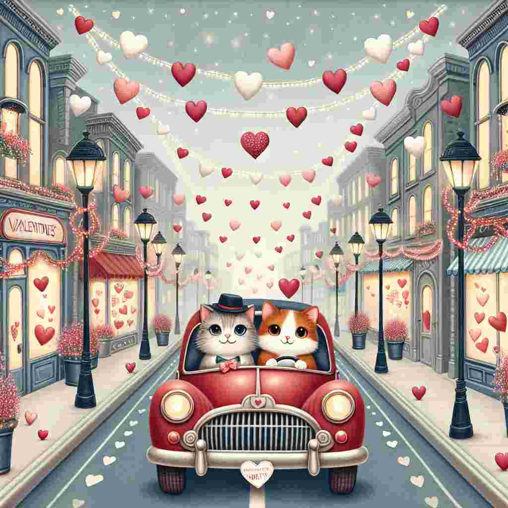 Imagine a whimsical illustration of a city street during Valentine's Day. This city street is made even more charming when two cats, one being Asian and female and the other African and male, are depicted on a playful date. They're comfortably seated inside a vintage red car, decorated with numerous white heart decals, cruising down a heart-themed road. Both sides of the road showcase shops that are decorated with heart-themed embellishments, creating a warming sensation of love all around. Adding to the celebration, there are strings of twinkling lights and paper hearts hung across the lampposts, contributing to the festive and enchanting ambiance.
Generated with these themes: Cats, and Cars.
Made with ❤️ by AI.