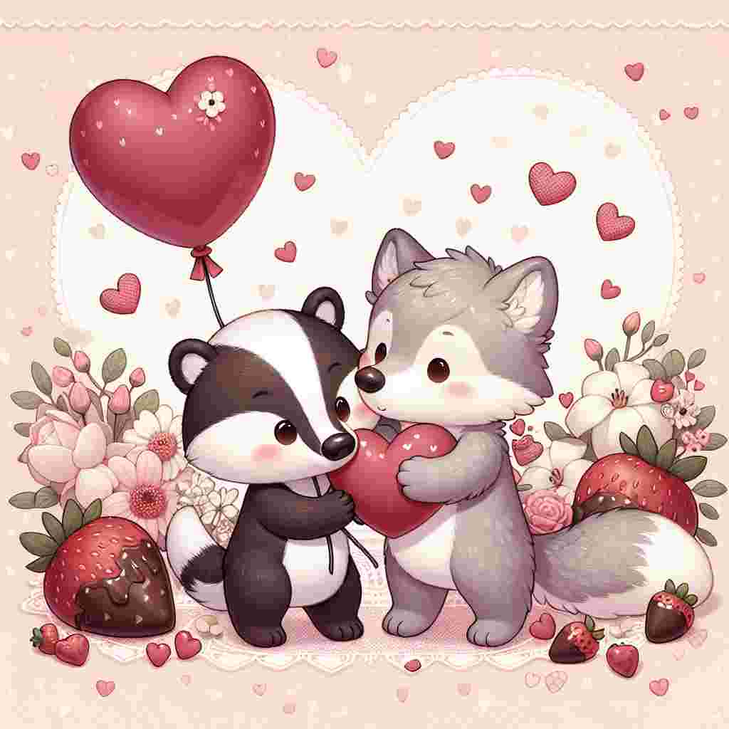 Visualize a charming image full of endearment on a soft pink backdrop sprinkled with petite red hearts. At the core of the image is a cute badger and a wolf, both clutching a large heart-shaped balloon jointly. The wolf is affectionately nuzzling the badger, an expression of their Valentine's Day fondness. Surrounding this heart-warming scene are delicate flowers and delectable strawberries dipped in chocolate, further amplifying the romantic ambiance.
Generated with these themes: Badger, and Wolf.
Made with ❤️ by AI.