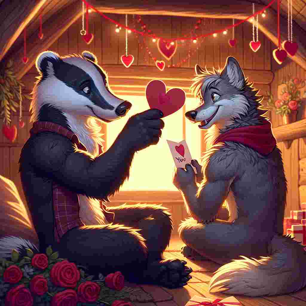 An image of a warmly-lit den with a heart-shaped garland dangling from above. Two anthropomorphic characters, a badger and a wolf, are sharing a tender moment. The badger is seen extending a homemade Valentine's Day card towards the wolf. The wolf, looking delighted, has its tail wagging energetically. The duo is surrounded by an assortment of Valentine's Day trinkets, such as roses, and small presents wrapped neatly with bows.
Generated with these themes: Badger, and Wolf.
Made with ❤️ by AI.