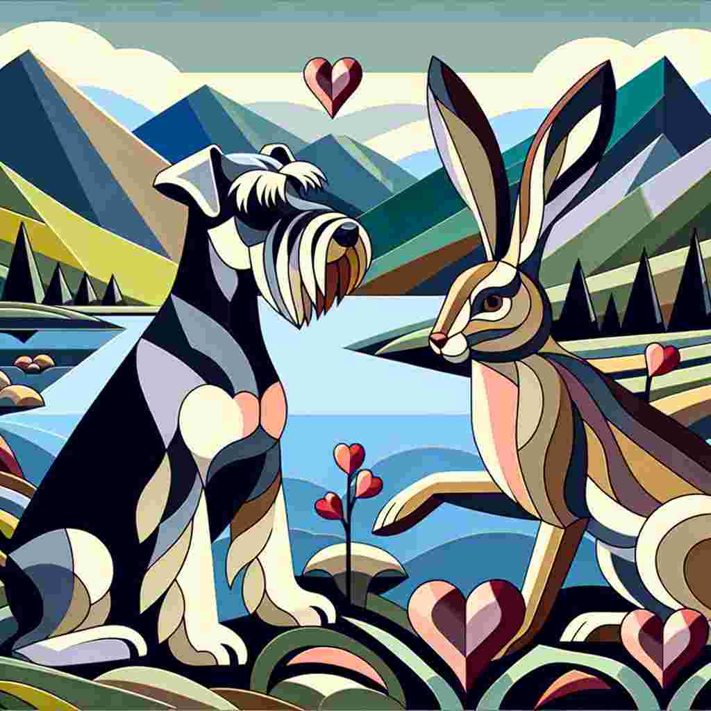 Create a charming Valentine's Day illustration that is distinctively styled with the abstract angularity found in Vorticist art. Portray Miniature Schnauzers and hares playfully interacting with each other in an idyllic lakeside environment, which resembles the scenic beauty of the Lake District. Integrate heart motifs subtly into the landscape, tying the composition together and conveying a heartwarming message of love and companionship.
Generated with these themes: Vortecist art, Miniature schnauzers, Hares, and The Lake District.
Made with ❤️ by AI.