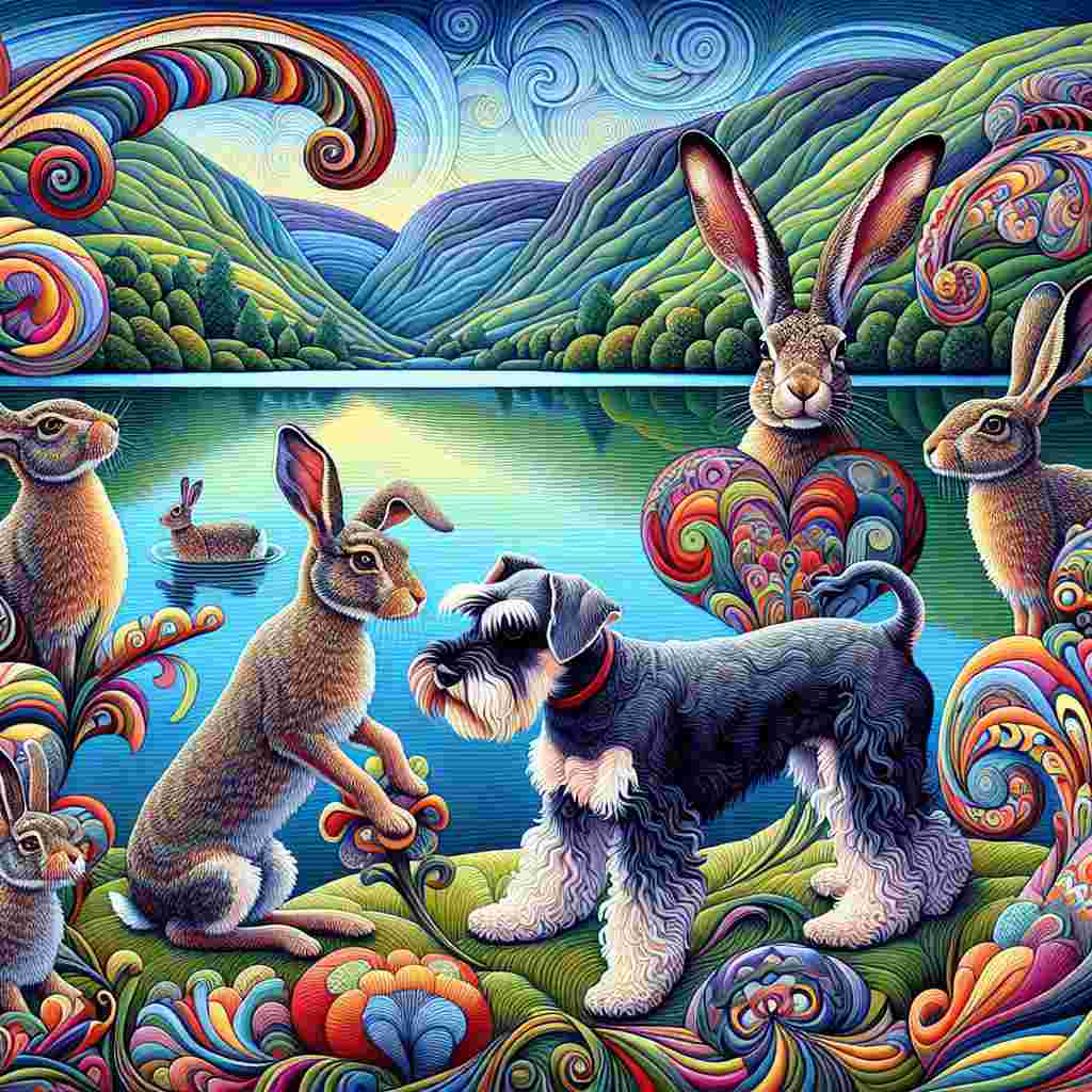 Produce a whimsical illustration matching the following description. The scene involves Miniature Schnauzers and hares playfully interacting by a tranquil lake, reminiscent of the Lake District. Incorporate vibrant swirling patterns and abstract shapes to create an enchanting tableau, making sure the natural beauty blends splendidly with the romantic essence of Valentine's day. Use a style exhibiting colorful, intricate, and fluid features, reminiscent of a pre-1912 artistic movement, to evoke a sense of fascination and charm.
Generated with these themes: Vortecist art, Miniature schnauzers, Hares, and The Lake District.
Made with ❤️ by AI.
