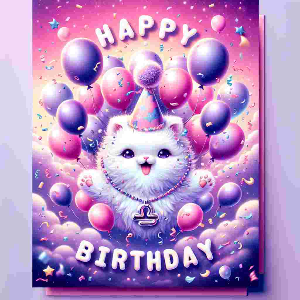 The birthday card features a playful, cartoonish illustration of a fluffy white kitten wearing a party hat and a Libra necklace, surrounded by floating balloons and confetti. 'Happy Birthday' is emblazoned at the top of the card in a joyful, bubbly font against a backdrop of pink and lavender hues.
Generated with these themes: Libra Birthday Cards.
Made with ❤️ by AI.