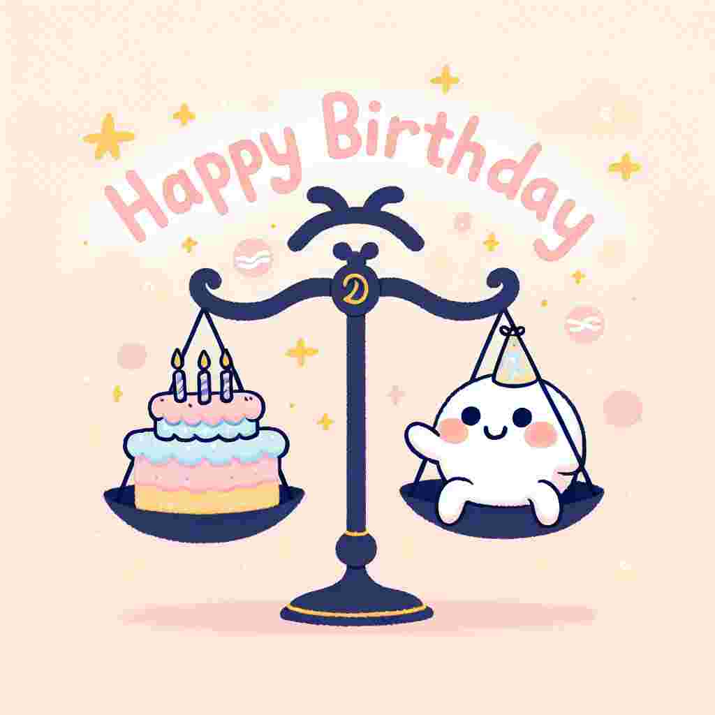 A charming Libra-themed birthday card showcases a cute illustration of a pair of animated scales, the Libra symbol, with each scale plate holding a pastel-colored birthday cake. Above the scales, 'Happy Birthday' is written in elegant, flowing cursive against a soft, starry background.
Generated with these themes: Libra Birthday Cards.
Made with ❤️ by AI.