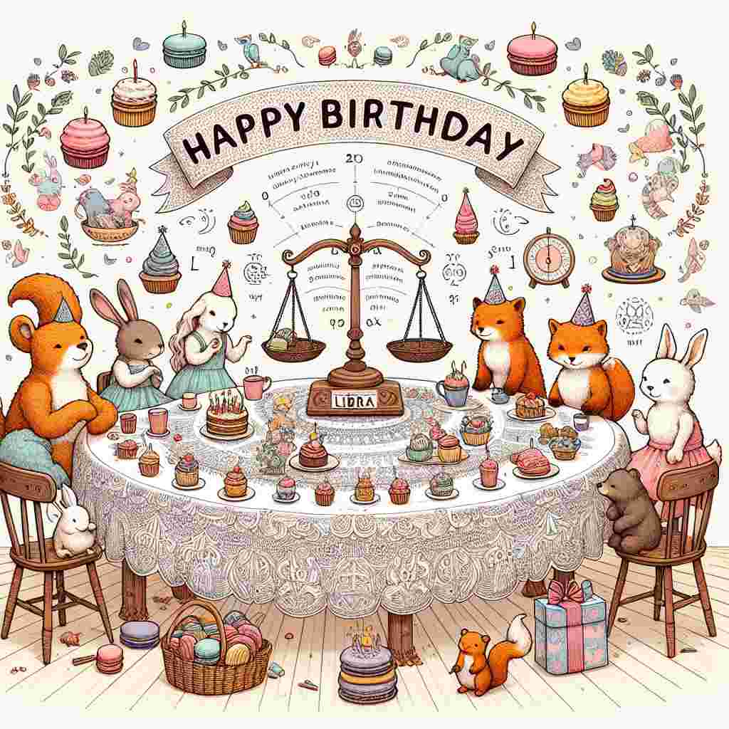 An endearing Libra birthday card illustration depicts a cheerful Libra-themed tea party with animal characters seated around a table, enjoying birthday treats. A decorative balance scale sits in the middle, with the words 'Happy Birthday' cleverly integrated into the design as part of the tablecloth pattern.
Generated with these themes: Libra Birthday Cards.
Made with ❤️ by AI.