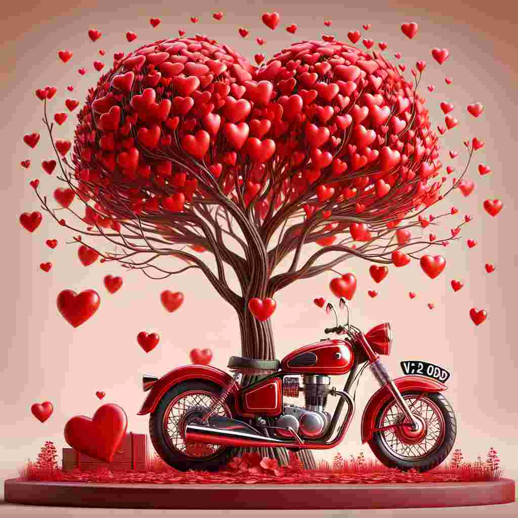 A captivating Valentine's Day illustration demonstrates a shiny red motorbike, inspired by classic motorcycle designs, with the letters 'V2 ODD' prominently displayed on its license plate. It is parked under an imaginative tree with branches decorated with crimson hearts instead of traditional leaves, representing love and affection. The tree's red hearts gently sway as if kissed by a tender breeze, providing an enchanting accent to this amorous scenery.
Generated with these themes: Red Harley Davidson Motor bike, and Registration V2 ODD, Tree red hearts.
Made with ❤️ by AI.