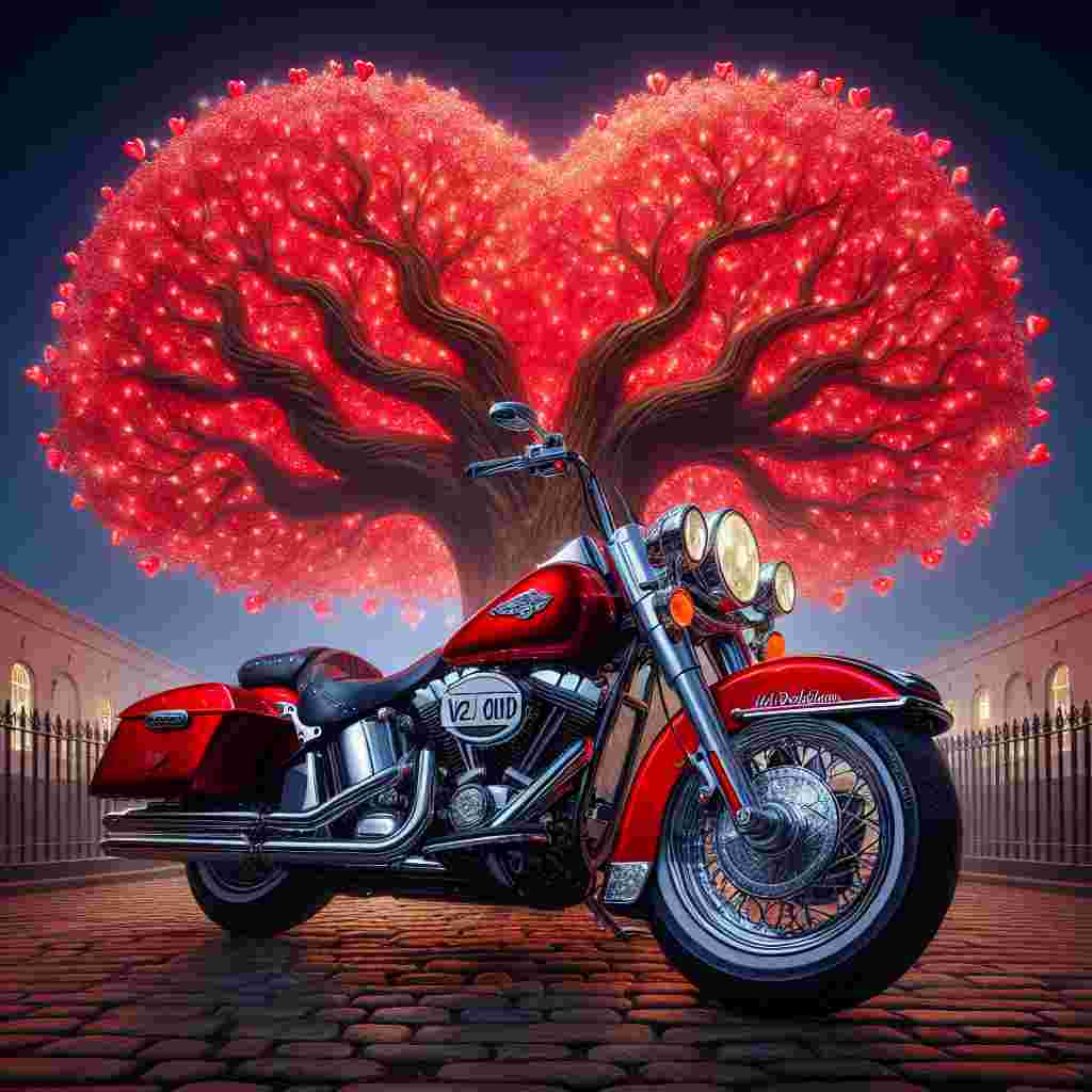 Generate an image of a captivating Valentine's themed artwork. The focus is a striking, iconic red motorcycle, akin to a Harley Davidson, with chrome accents that sparkle under the light. The machine stands proudly in the foreground with a registration plate reading 'V2 ODD'. Behind the motorcycle is a magical tree boasting an unusual feature: it sprouts red, heart-shaped leaves instead of regular ones. This extraordinary tree emanates the spirit of love, serving as a captivating backdrop for the motorcycle and suggesting a tale of romance on the horizon.
Generated with these themes: Red Harley Davidson Motor bike, and Registration V2 ODD, Tree red hearts.
Made with ❤️ by AI.
