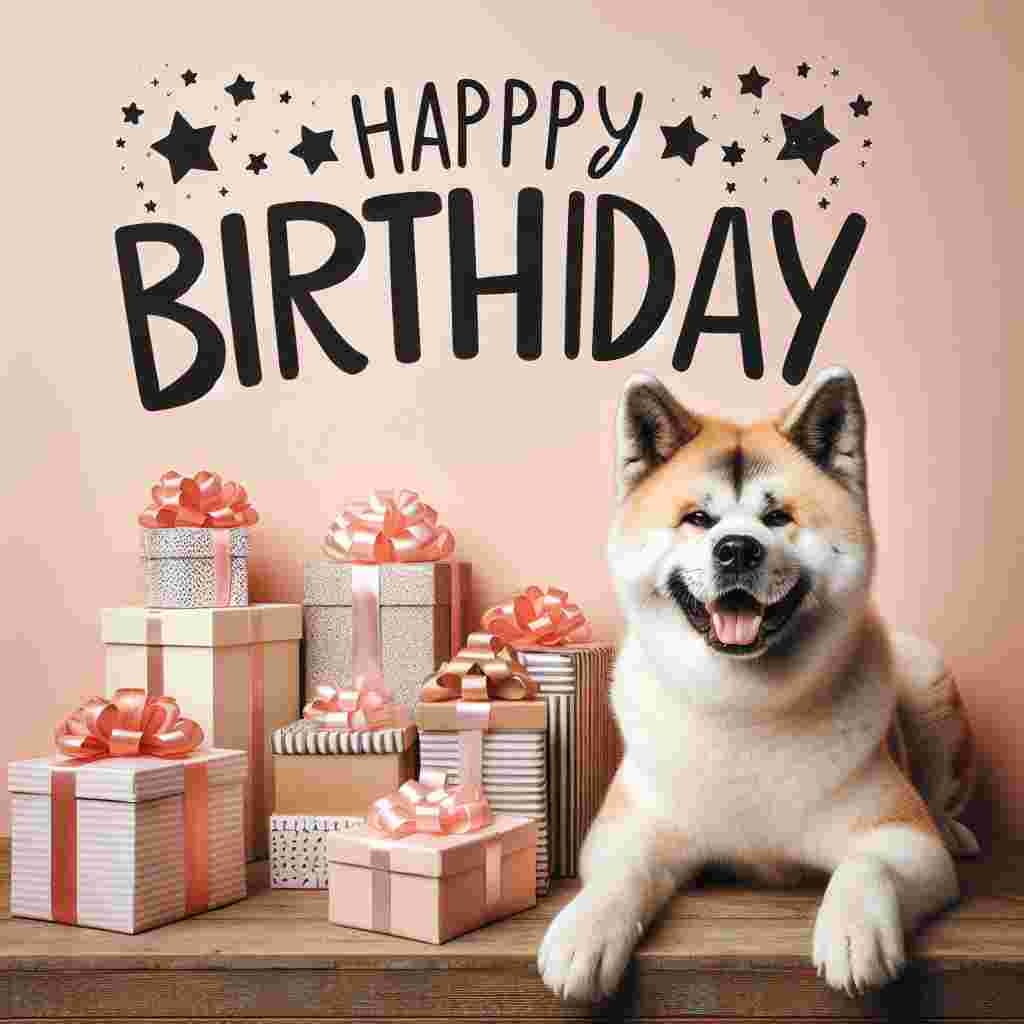 A heartwarming illustration shows a grinning Akita sitting beside a stack of wrapped gifts, with 'Happy Birthday' in cheerful font draped overhead.
Generated with these themes: Akita  .
Made with ❤️ by AI.