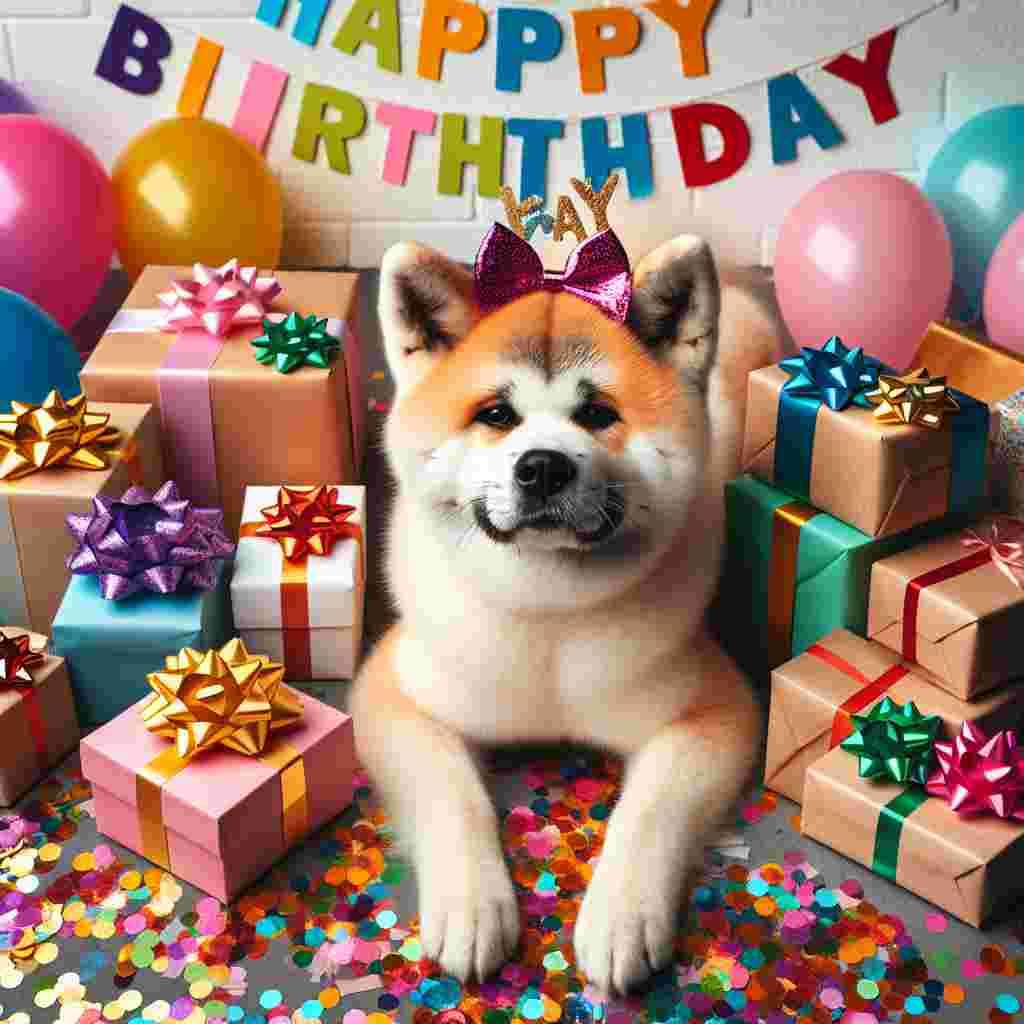An adorable Akita is surrounded by confetti, presents, and the message 'Happy Birthday' prominently displayed in the upper corner.
Generated with these themes: Akita  .
Made with ❤️ by AI.