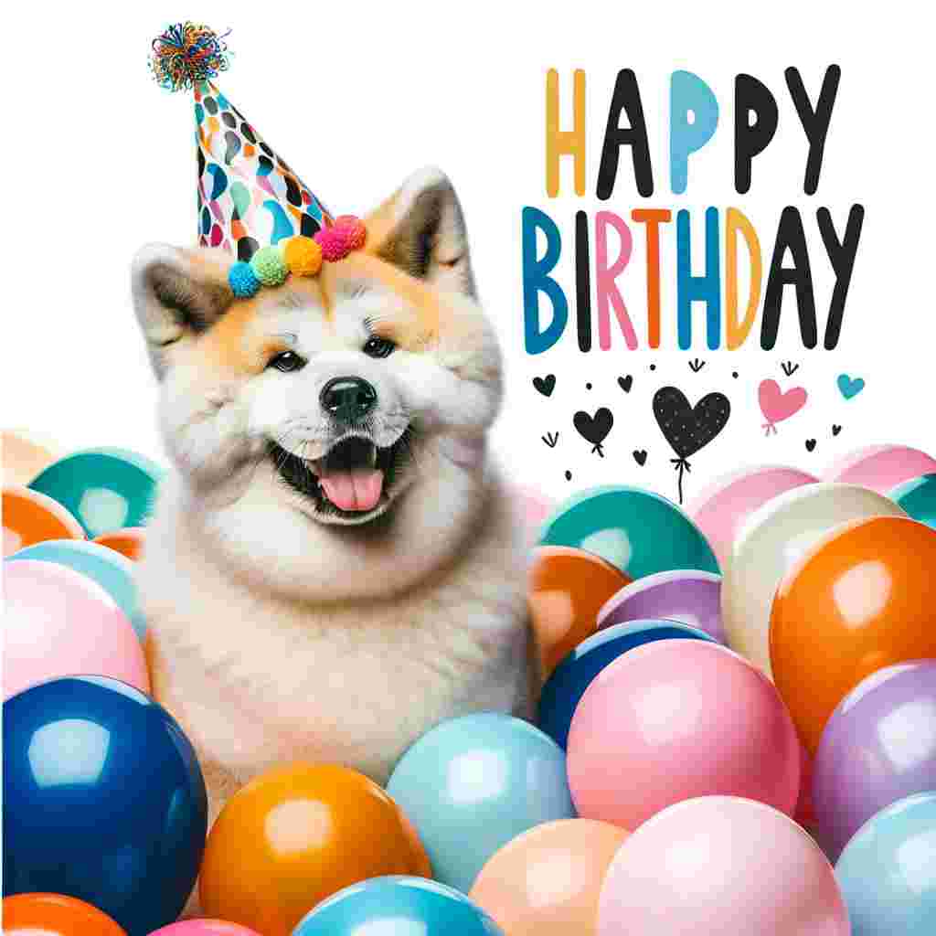 A whimsical drawing features a fluffy Akita wearing a vibrant party hat amidst balloons, with 'Happy Birthday' in bubbly lettering above.
Generated with these themes: Akita  .
Made with ❤️ by AI.