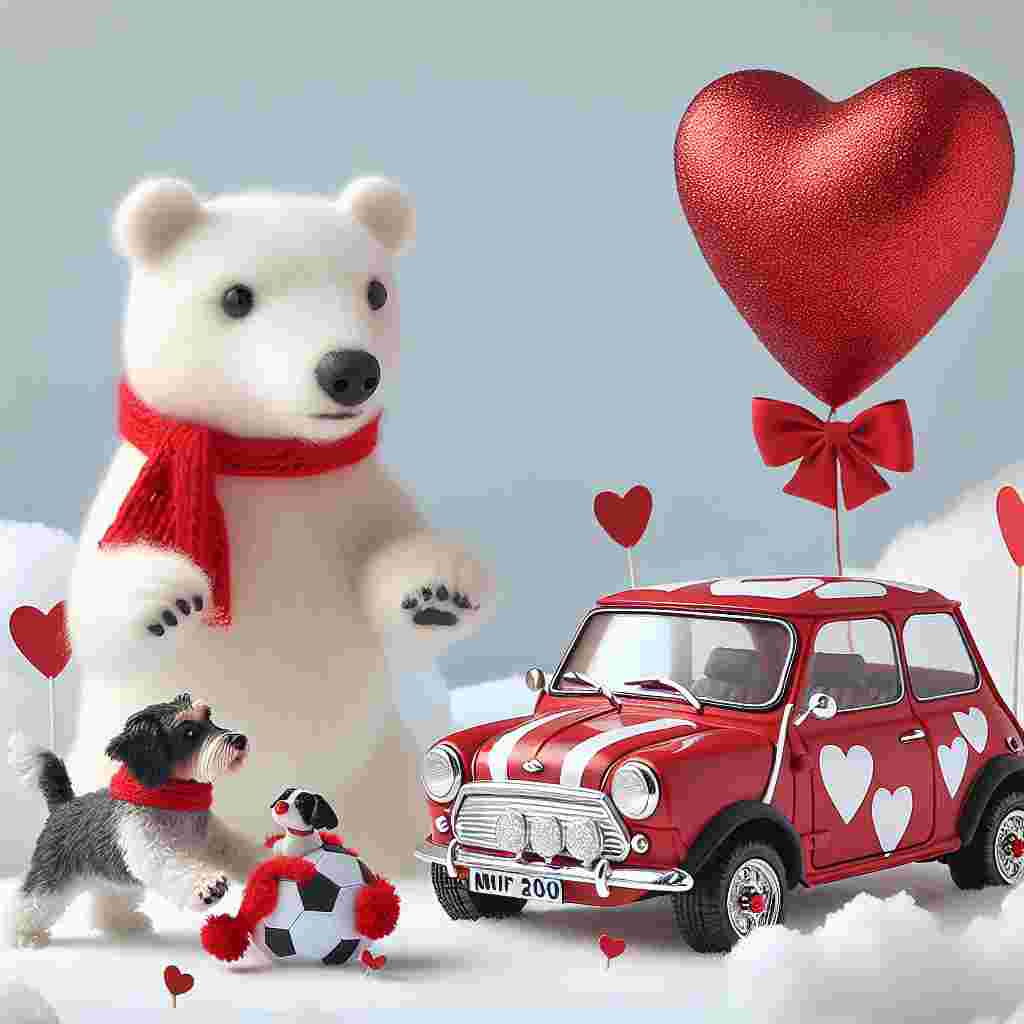 Create a whimsical Valentine's Day inspired scene set in a snow-filled landscape. A friendly polar bear and a Jack Russell terrier sport red bandanas and engage in a playful game of soccer. Observing this exchange from a distance is a black cockapoo, clutching a red heart-shaped balloon in its mouth. Off to the side, a vibrant red Mini Cooper, embellished with white hearts and a large bow, adds a festive flair to the surroundings.
Generated with these themes: Soccer, Polar bear, Jack Russel , Black cockapoo, and Red mini.
Made with ❤️ by AI.
