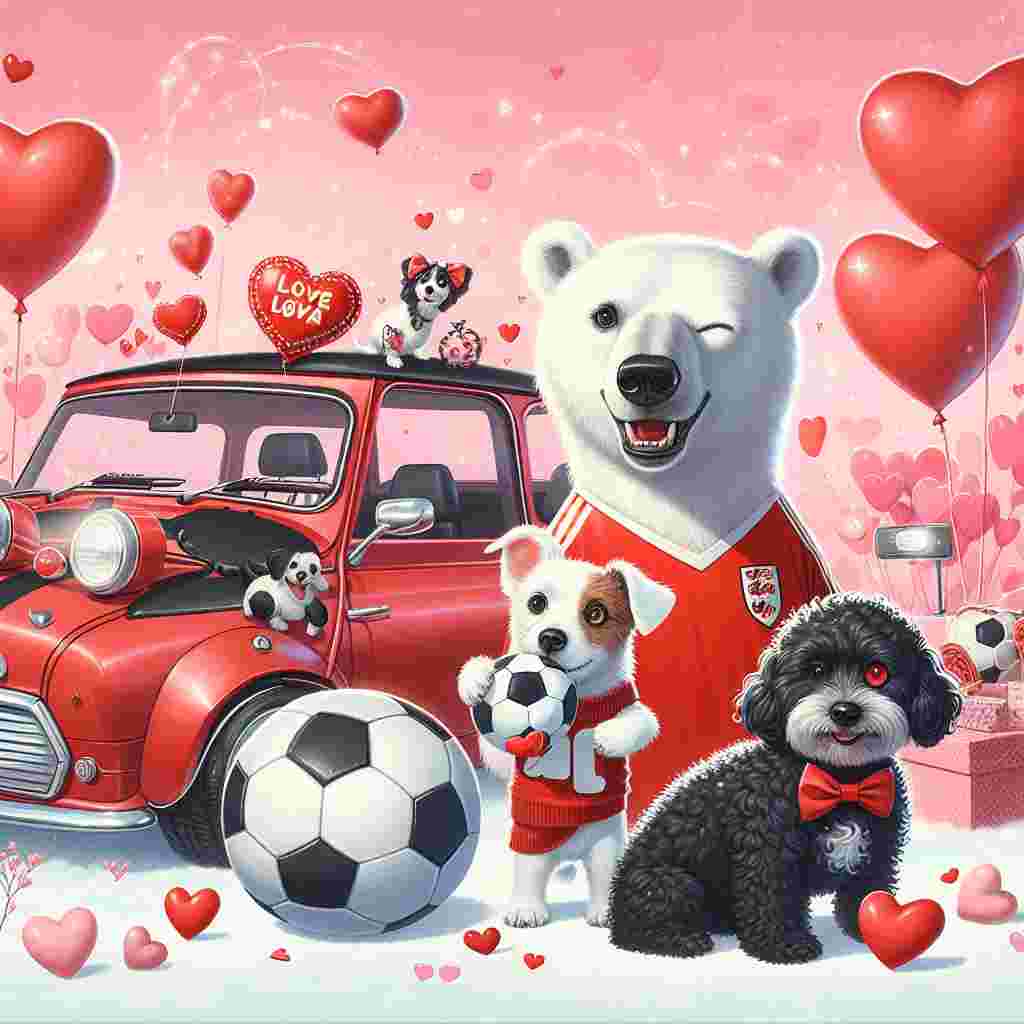 Create a heartwarming Valentine's Day illustration featuring animals and a car on a romantic backdrop. In this scene, imagine a polar bear dressing in a soccer jersey, holding a soccer ball ready to play with a lively Jack Russell terrier. A playful black cockapoo wearing a red bow tie is nearby, winking as if sharing a secret joke. Add to the scene a red Mini Cooper, decorated with various Valentine's Day trinkets, positioned as if ready for a whimsical escape. Overhead, heart-shaped balloons are scattered across the sky, painting a picture of the day's enchantment against a pink and red background.
Generated with these themes: Soccer, Polar bear, Jack Russel , Black cockapoo, and Red mini.
Made with ❤️ by AI.