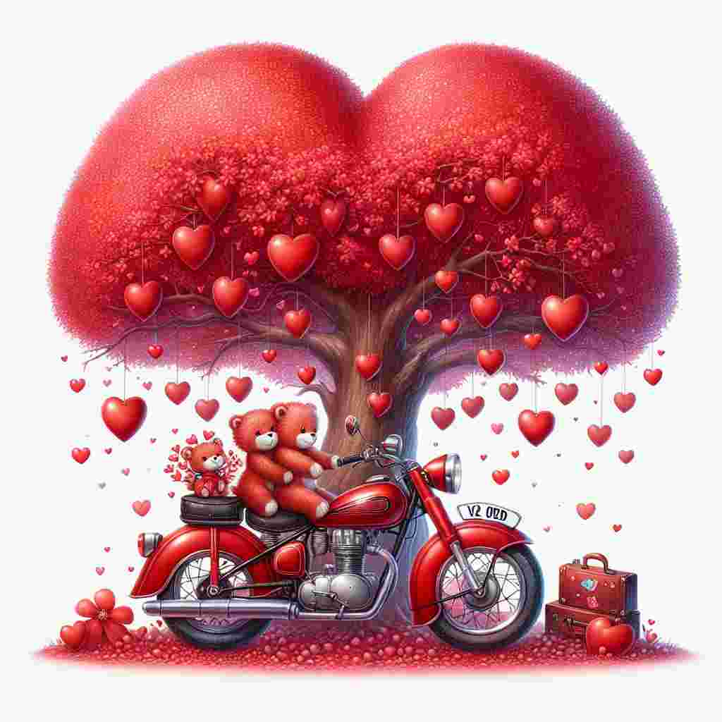 Picture an enchanting Valentine's Day themed illustration. Centerpiece is a crimson-red classic motorbike, its license plate assigned with 'V2 ODD.' An picturesque tree, adorned with red hearts that hang as if delicate baubles from its branches, towers over the bike. Enhancing the magical ambiance, a pair of lovable stuffed animals sit on the motorbike, one taking the driver's seat while the other is simply enjoying the journey. Their heartening presence instills a feeling of warmth and camaraderie, the perfect reflection of love and unity fitting for Valentine's Day celebration.
Generated with these themes:  Red Harley Davidson Motor bike, and Registration V2 ODD, Tree red hearts, and Teddy bears riding.
Made with ❤️ by AI.