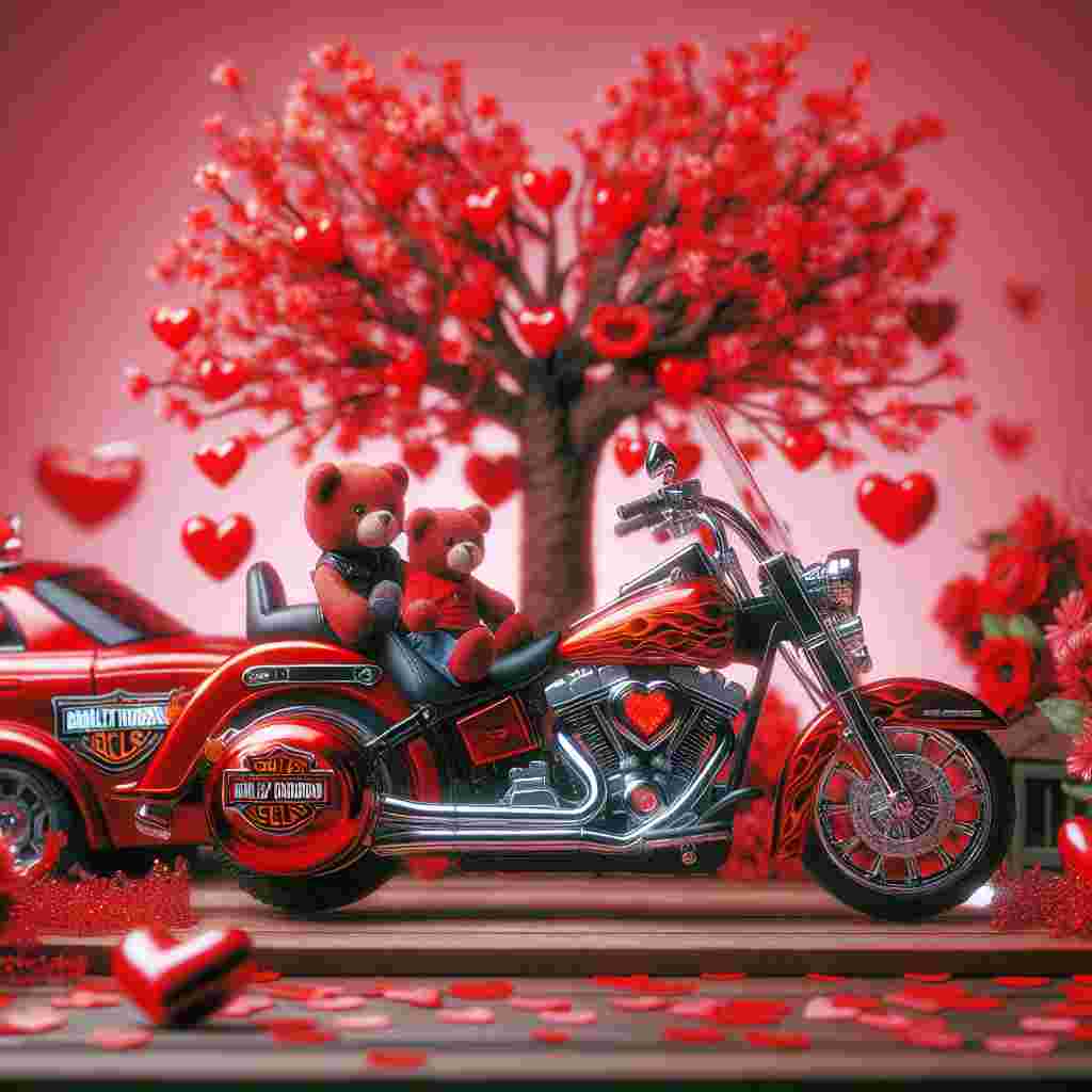 Envision a lively scene set during Valentine's Day celebrations. The centerpiece of the scene is a glossy, fiery red Harley Davidson-style motorcycle featuring a distinctive license plate that reads 'V2 ODD'. A fanciful tree, its branches replaced with red hearts in the spirit of love and romance, towers alongside the motorbike. Adding a cute element to the scene, two plush teddy bears are depicted riding the motorbike. Their small paws clutch the handles and they look into each other's eyes, experiencing a moment of mutual affection during this love-filled holiday.
Generated with these themes:  Red Harley Davidson Motor bike, and Registration V2 ODD, Tree red hearts, and Teddy bears riding.
Made with ❤️ by AI.