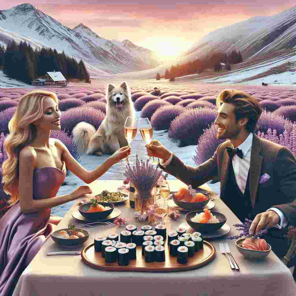 Imagine a reimagined Valentine's Day in a scenic setting of untouched, snow-capped mountains. Enhance the romantic mood with well-dressed couples enjoying fancy dinner dates, the tables adorned with sushi of intricate flavors and the sweet scent of lavender flowers filling the air. Capture Caucasian and South Asian partners cheerfully toasting glasses, their faces softly illuminated by the setting sun's glow. Include energetic dogs playfully barking in the tranquil surrounding, adding to the lively ambiance. Showcase couples taking long drives, their route snaking through the mesmerizing landscapes, reflecting their hearts brimming with love against the backdrop of the vast wilderness.
Generated with these themes: Snow covered mountains, Fancy dinner dates, Lavender flowers, Sushi, Dogs, and Long drives.
Made with ❤️ by AI.