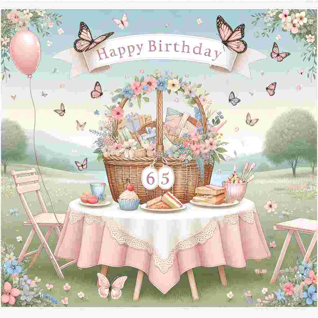 A charming digital illustration features a landscape with a pastel-themed picnic setup. In the center, a large picnic basket spills out an array of treats and a small, delicate banner stringed above with the letters spelling out '65'. Butterflies flutter around, and the text 'Happy Birthday' is intertwined with the floral border.
Generated with these themes: 65th  .
Made with ❤️ by AI.
