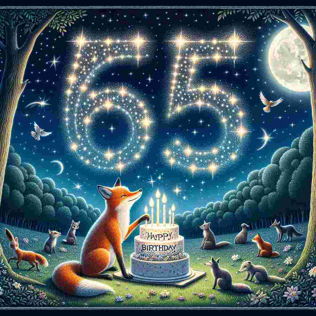 An enchanting night-time illustration features a group of anthropomorphic animals gathered on a moonlit glade. A wispy, star-spangled '65' soars in the sky made of twinkling lights, while below, a fox gently holds a birthday cake with 'Happy Birthday' written in luminescent icing on a clear night backdrop.
Generated with these themes: 65th  .
Made with ❤️ by AI.
