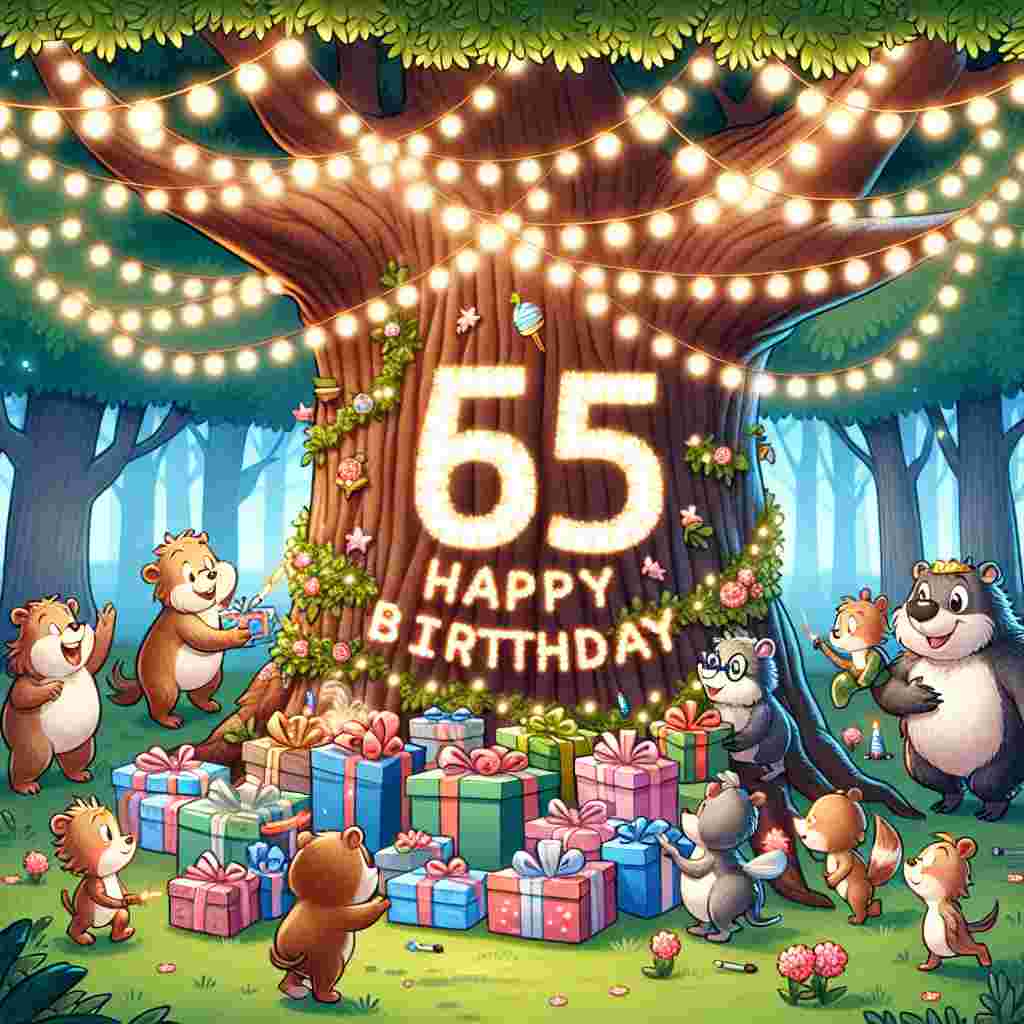 A delightful cartoony scene where a group of woodland creatures are throwing a surprise party in the forest. A large oak tree is decorated with fairy lights and a banner that reads '65'. Beneath it, animals present a towering pile of gifts, and 'Happy Birthday' is carved whimsically into the tree trunk.
Generated with these themes: 65th  .
Made with ❤️ by AI.