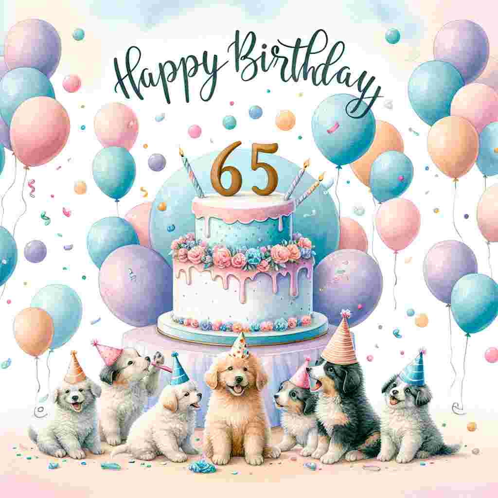 A joyful watercolor illustration depicts a round three-tiered cake adorned with the number '65' on the top. Around the cake, playful puppies wearing party hats are engaged in various celebratory activities. Soft pastel balloons float around, and 'Happy Birthday' is elegantly scripted above the scene.
Generated with these themes: 65th  .
Made with ❤️ by AI.