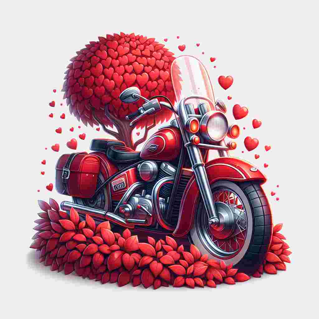 Create a romantic illustration for Valentine's Day. The main feature of the scene is a glossy, red motorbike of a prominent American brand. The bike's registration plate shows 'V2 ODD'. The bike is parked under a fanciful tree, noticeable for its red, heart-shaped leaves. The entire scene represents the themes of love and adventure.
Generated with these themes: Red Harley Davidson Motor bike, and Registration V2 ODD, Tree red hearts.
Made with ❤️ by AI.
