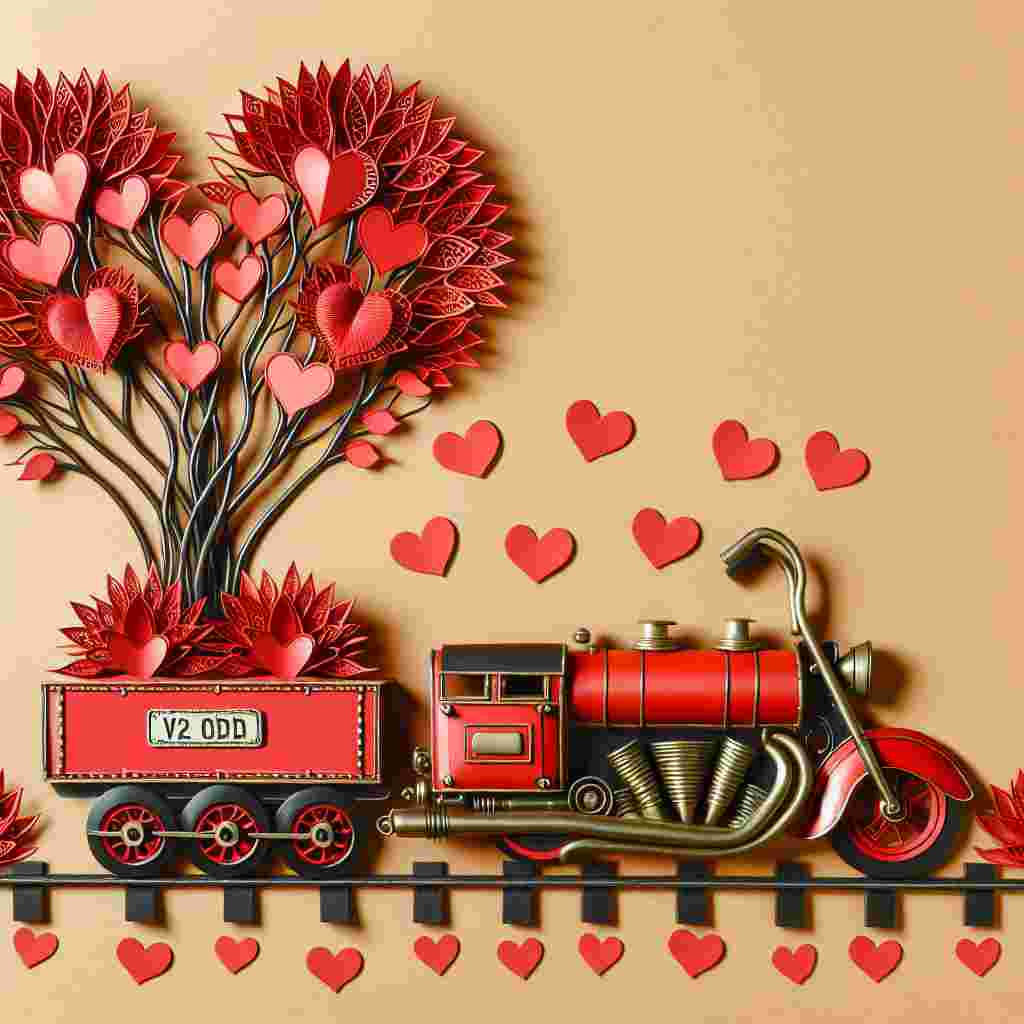 Craft an enchanting Valentine-themed scene where the star of the artwork is a vibrant red motorcycle, consistent with the design and classic vibe of an early 20th century locomotive. The bike's license plate carries the intriguing inscription 'V2 ODD', suggesting a distinctive journey of love and companionship. Surrounding it is a tree, not with ordinary foliage, but adorned with uniquely shaped leaves that resemble bright red hearts, further enhancing the romantic ambiance of the composition.
Generated with these themes: Red Harley Davidson Motor bike, and Registration V2 ODD, Tree red hearts.
Made with ❤️ by AI.