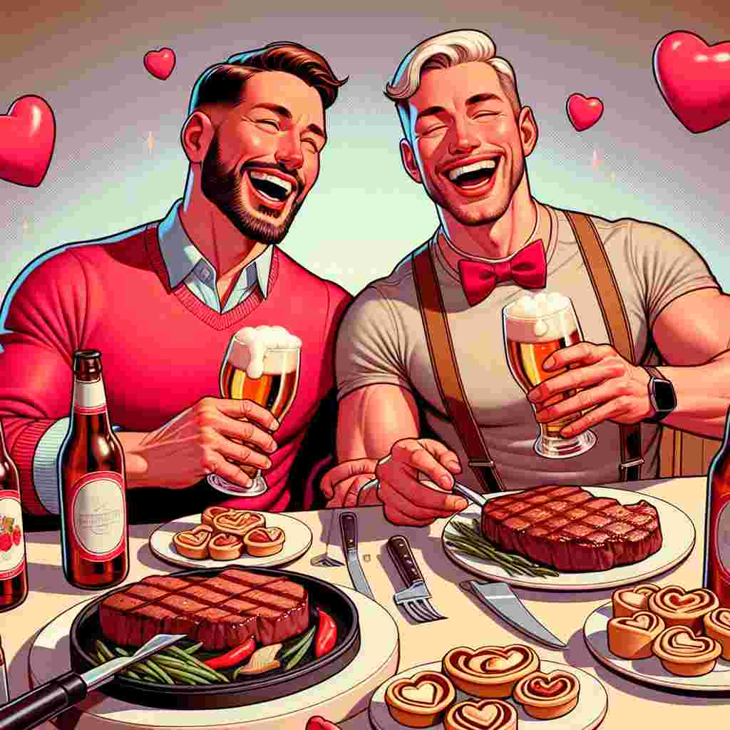 Depict a heartwarming Valentine's dinner scene involving two joyous gay Caucasian men in a celebratory mood. On the beautifully set table sits the main course of sizzling steaks, pointing to their mutual preference for fine dining. Hints of their shared history that began through an online dating platform are subtly present in the background. The sound of beer bottles clinking, evoking an aura of comfort and contentment, fills the air. Finally, carefully crafted Bahkewell tarts in the shape of Valentine’s day hearts symbolize a sweet ending to their day. 
Generated with these themes: Gay men, Steak, Grindr, Beer, and Bakewell tarts.
Made with ❤️ by AI.