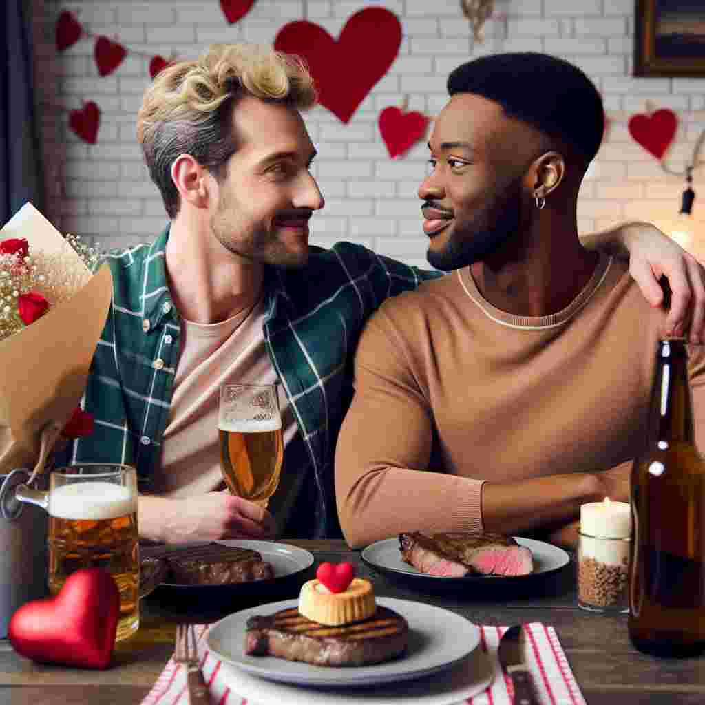 A charming Valentine's Day setting is unfolding, with a refreshing blend of realism and romance. Two gay men, one Caucasian and one Black, expressing a deep bond of love, share affectionate looks over a hearty steak dinner. Their surroundings and mood echo those of their first casual yet intimate conversation. A bottle of chilled golden beer stands nearby, testament to their laid-back and genuine connection. They anticipate dessert, which consists of heart-shaped Bakewall tarts - a delightful fusion of tradition and indulgence, celebrating their unique love story.
Generated with these themes: Gay men, Steak, Grindr, Beer, and Bakewell tarts.
Made with ❤️ by AI.