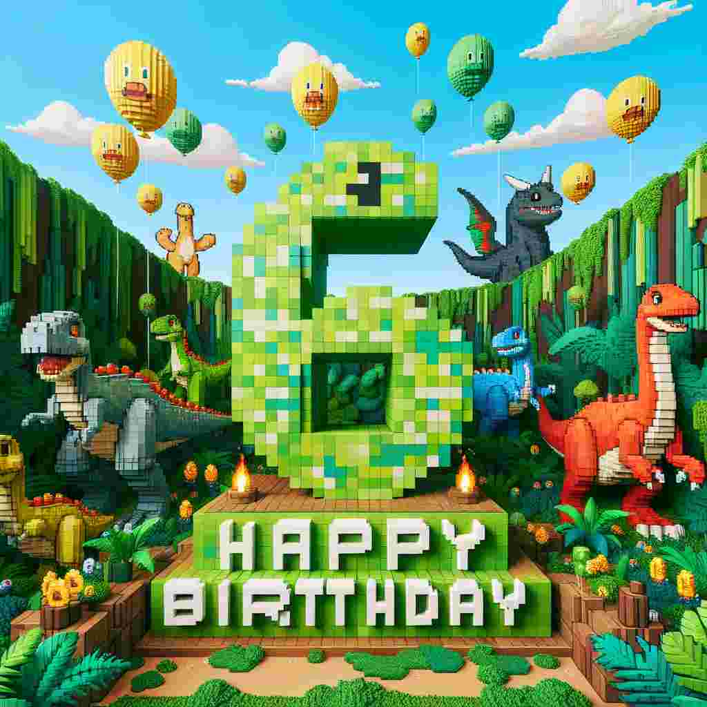 Imagine a lively birthday celebration with a joyous prehistoric theme, highlighting endearing, cartoon-like dinosaurs present among dense, green vegetation. Central to this scene, a prominent number '6' made out of bold, brightly colored building blocks signifies the age of the party-goer. To one side, a well-designed environment that is reminiscent of pixel-art video games complements the scene, and some balloons with a pixelated creature that looks like it could explode are hovering high.
Generated with these themes: Jurassic world , Lego, 6, Green, and Minecraft.
Made with ❤️ by AI.