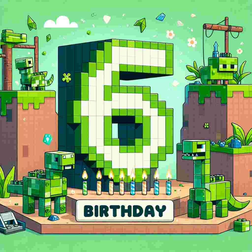 Craft a cartoon-style birthday environment dominated by hues of green, inspired by the blocky world of Minecraft. Structures, such as cube-shaped Creeper decorations, fill the scene, while a number '6' constructed from Lego pieces takes center stage in the foreground. To its sides, design two cartoonish dinosaurs resonating with the theme of Jurassic World. Maintain a light-hearted atmosphere throughout the image, making it feel like a birthday adventure.
Generated with these themes: Jurassic world , Lego, 6, Green, and Minecraft.
Made with ❤️ by AI.