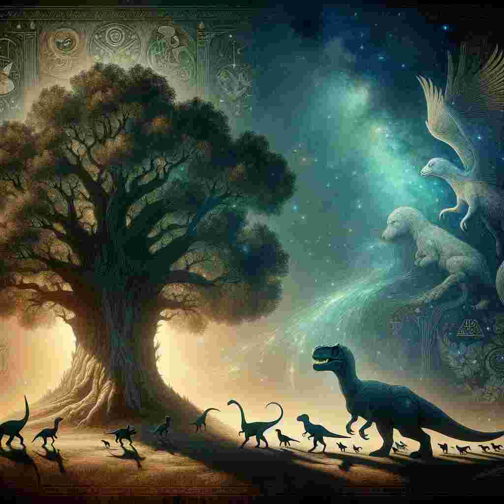 Create an image that embodies a whimsical blend where tiny dinosaurs and faithful dogs stroll under the nightly sky of a mythical world. Towering ever so gently above them, a vast, majestic tree symbolizes life and growth, its leaves producing a soft rustle in the wind. Engraved symbols and discrete references to epic fantasy literature are subtly incorporated throughout the scene, introducing a touch of fantasy to the celebration of new beginnings.
Generated with these themes: Dinosaurs , Lord of the rings, and Dogs.
Made with ❤️ by AI.