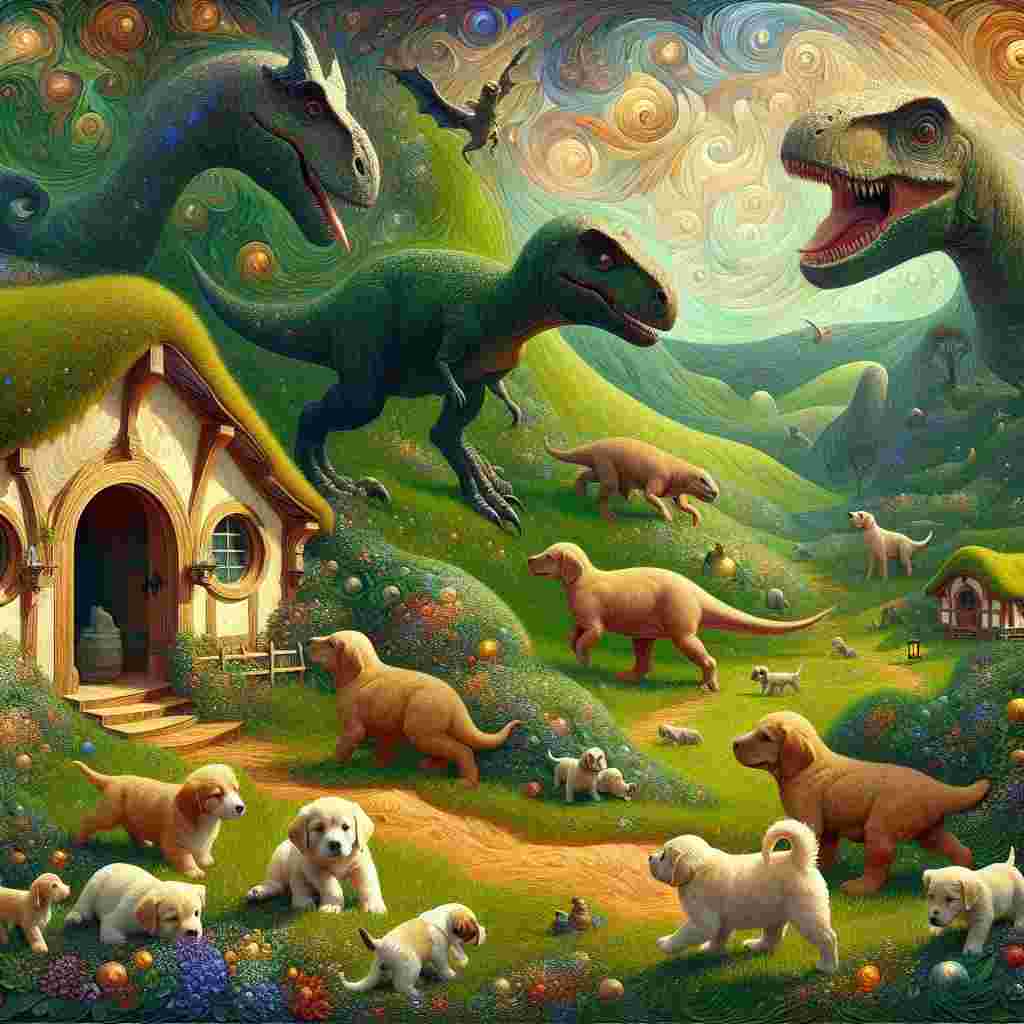 In this captivating abstract scene, the joy of welcoming a new baby is expressed through friendly dinosaurs frolicking among the rich green vegetation. Hobbit-style cottages dot the background, bringing forth a sense of homely comfort reminiscent of a fantastical, Tolkien-inspired landscape. Puppies of diverse breeds contribute to the heartwarming ambiance, with some showing curiosity towards the ancient creatures, and others sleeping peacefully under the broad canopy of a tree decorated for a festive gathering.
Generated with these themes: Dinosaurs , Lord of the rings, and Dogs.
Made with ❤️ by AI.